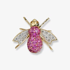 Pink Sapphire and Diamond Vintage Bee Brooch in 18 Karat Yellow Gold