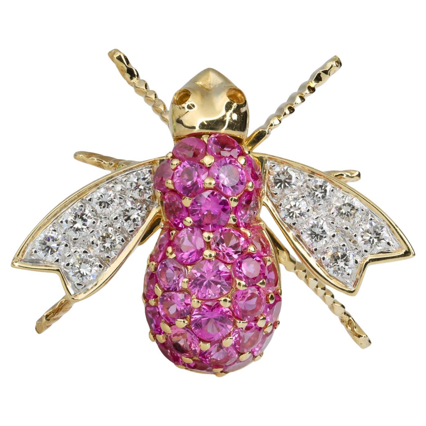 Pink Sapphire and Diamond Vintage Bee Brooch in 18 Karat Yellow Gold
