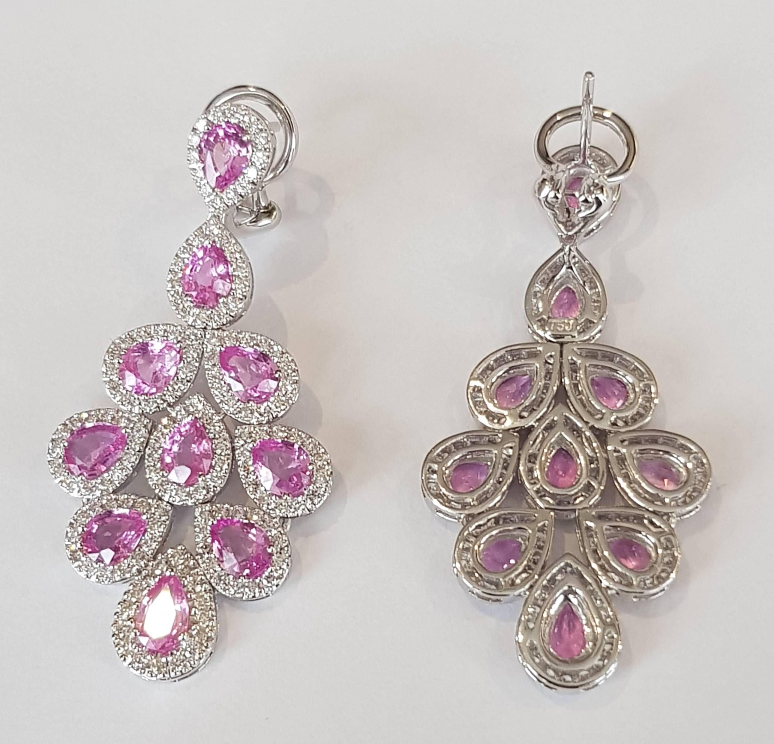 Modern Pink Sapphire and Diamond White Gold 18 Carat Dangle Earrings For Sale