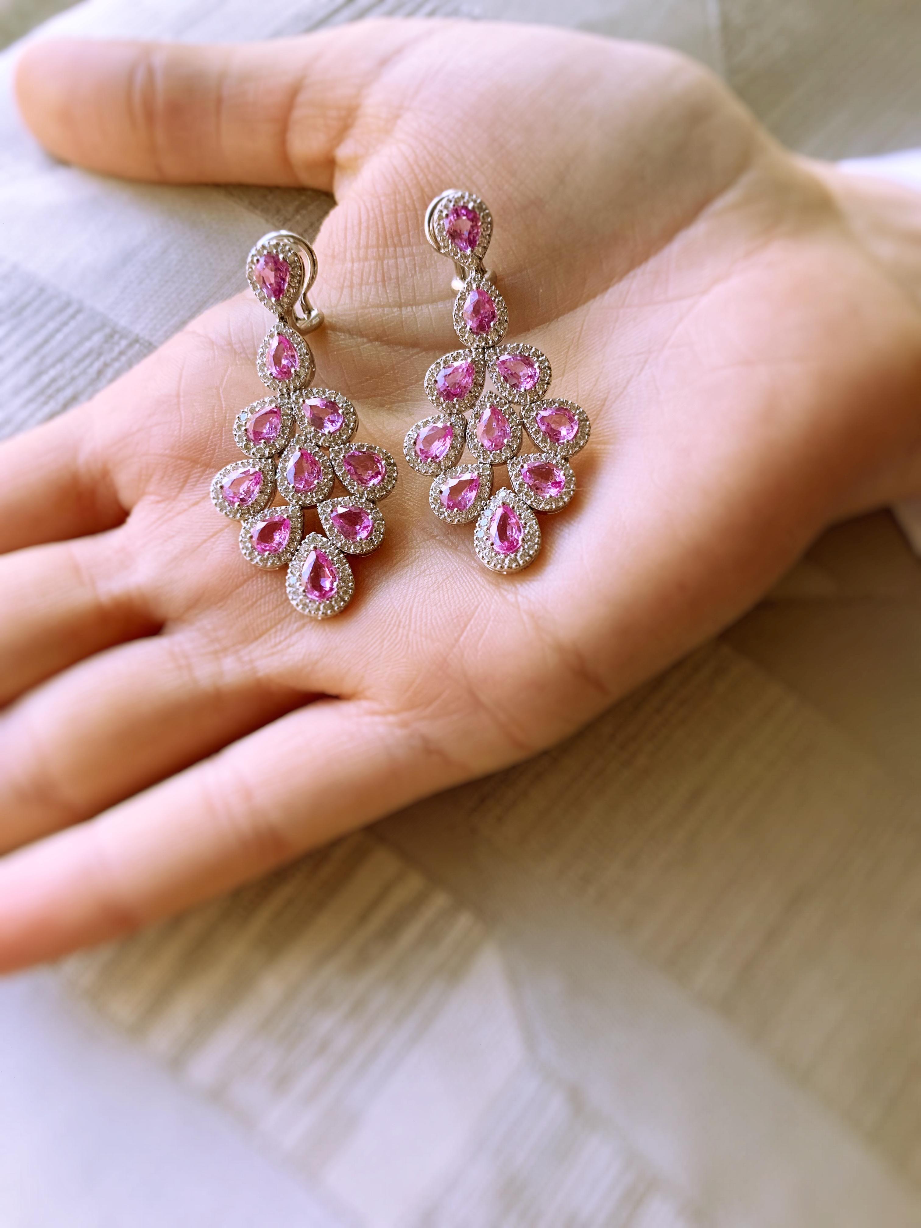 Pink Sapphire and Diamond White Gold 18 Carat Dangle Earrings For Sale 1