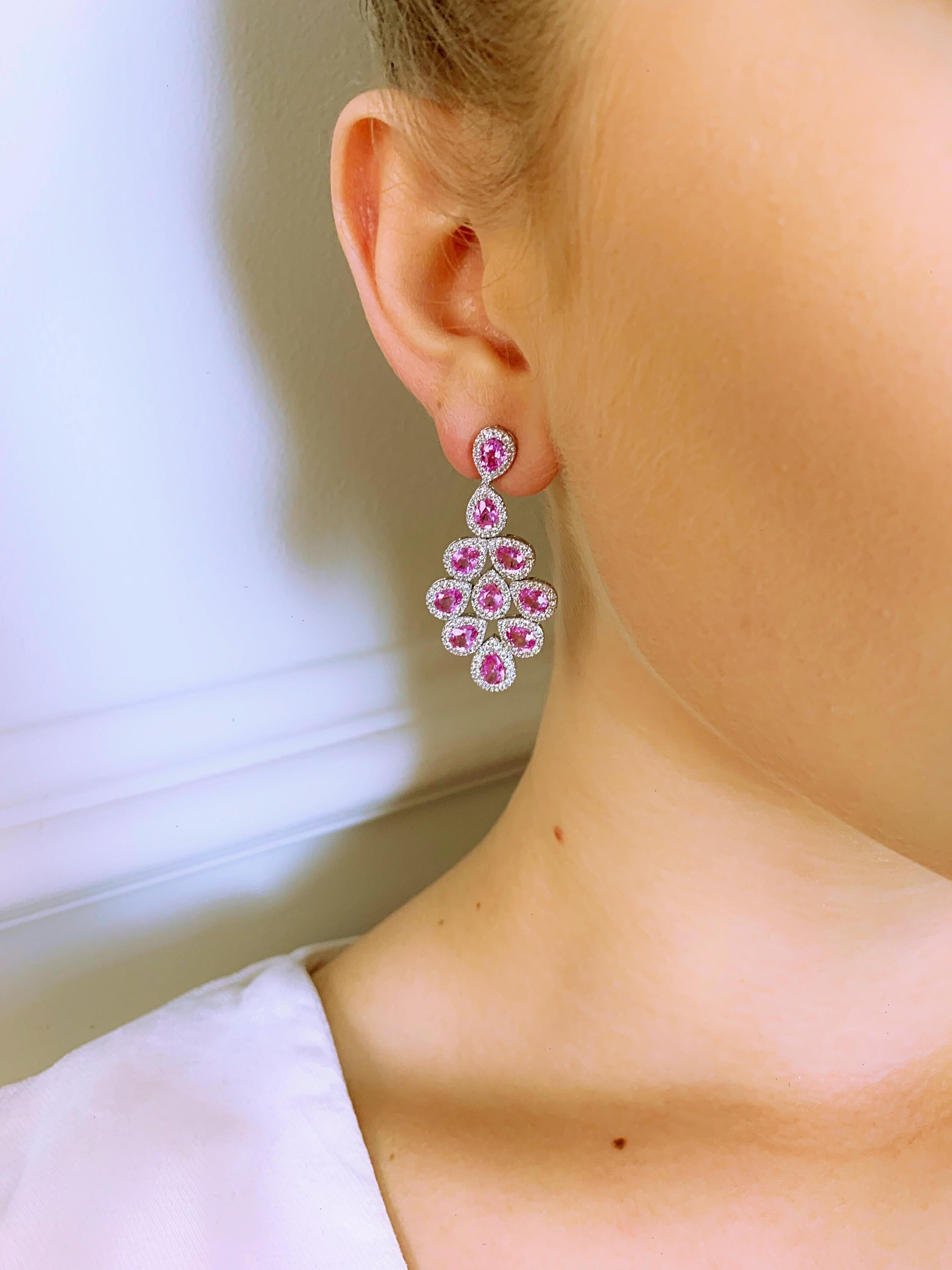 Pink Sapphire and Diamond White Gold 18 Carat Dangle Earrings For Sale 2