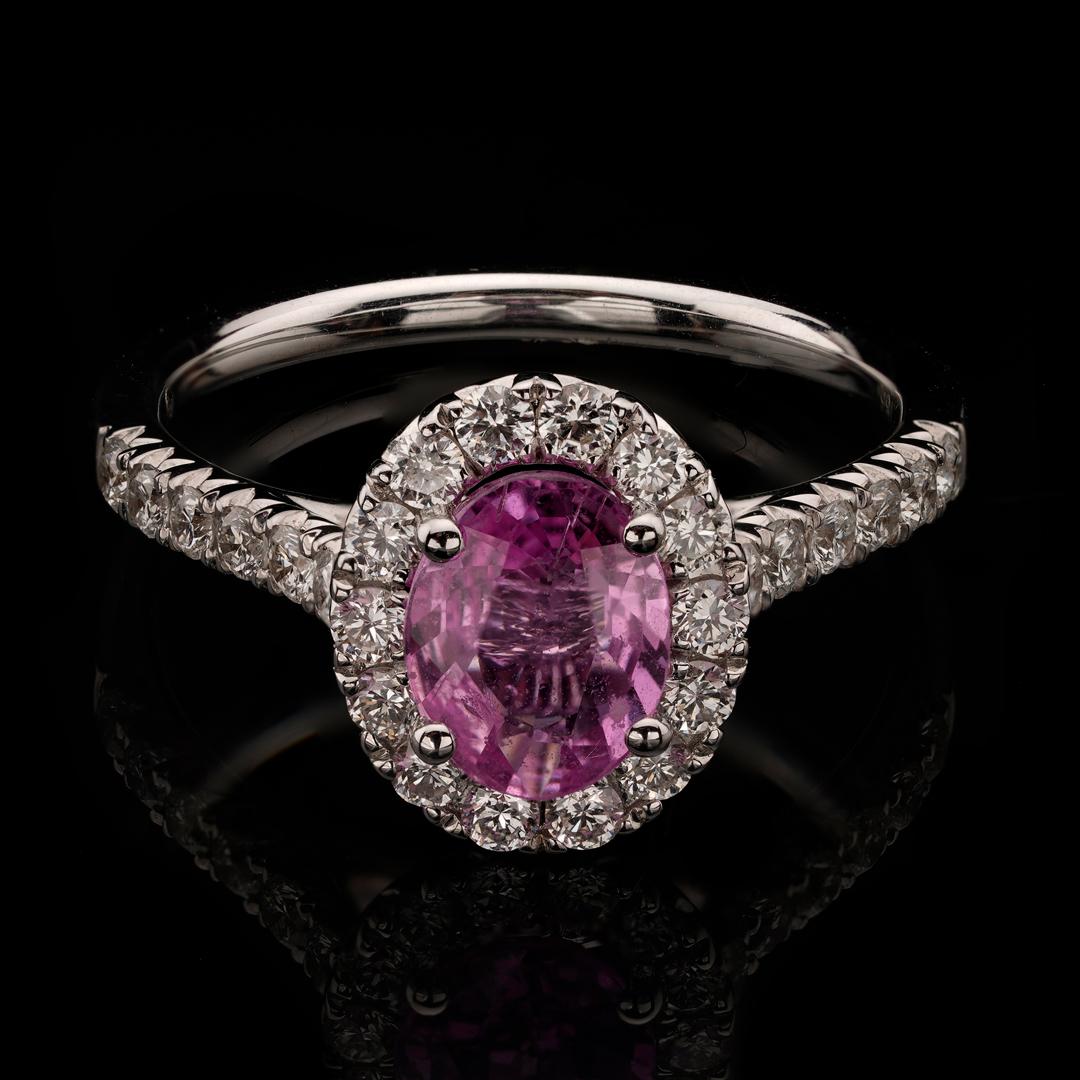 Donna Anello aureola con zaffiro rosa e diamanti in vendita