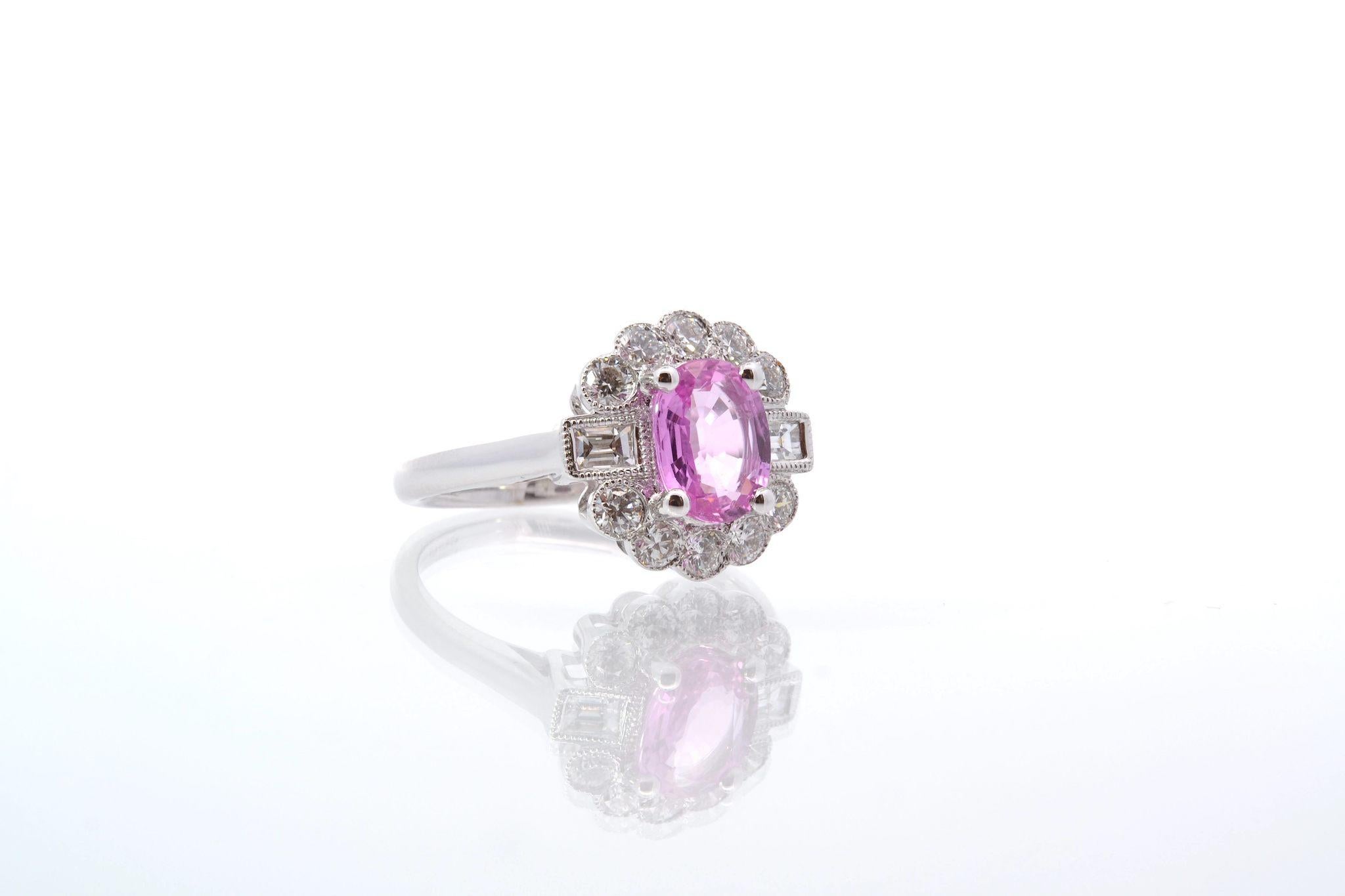Oval Cut Pink sapphire and diamonds ring in 18k white gold For Sale