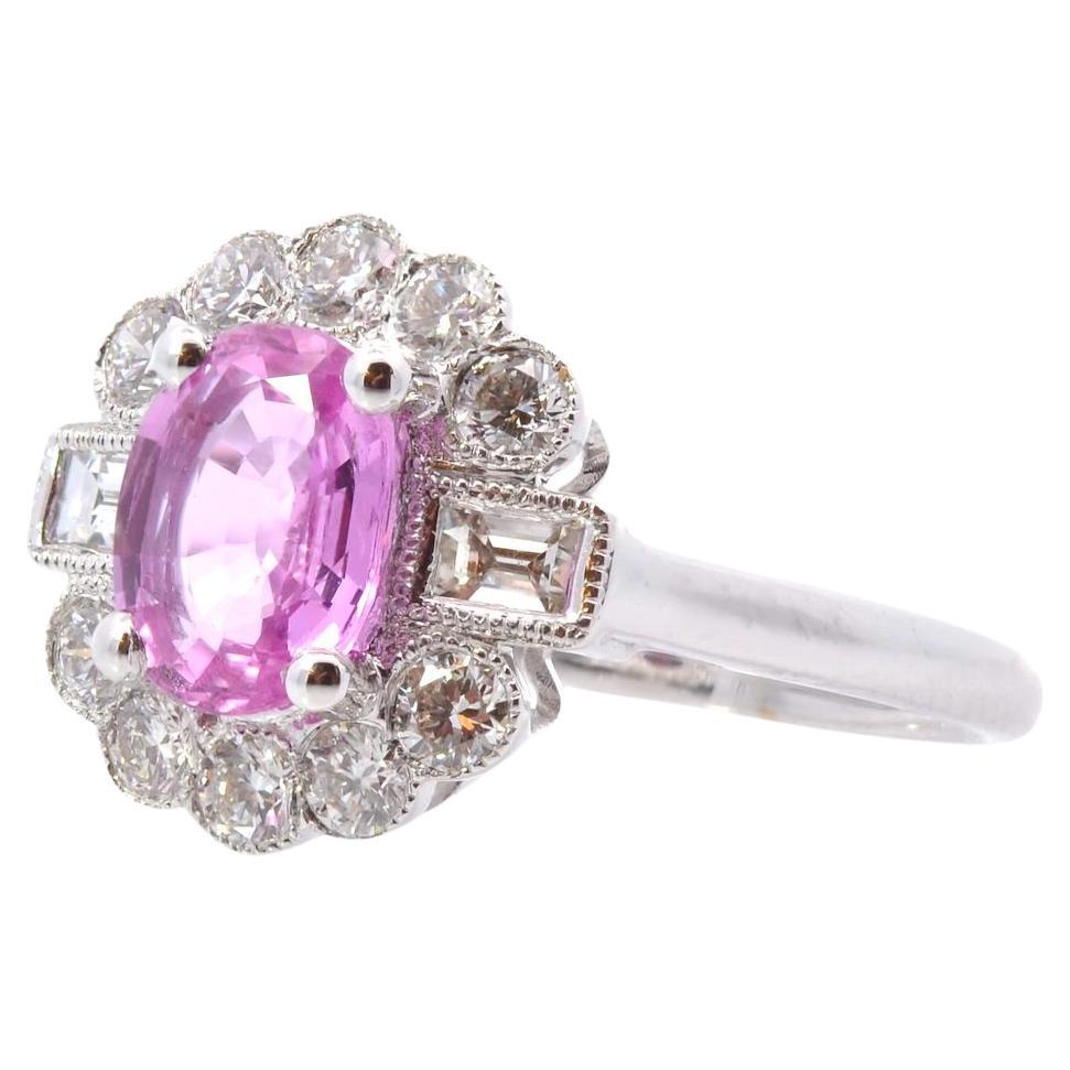Pink sapphire and diamonds ring in 18k white gold For Sale