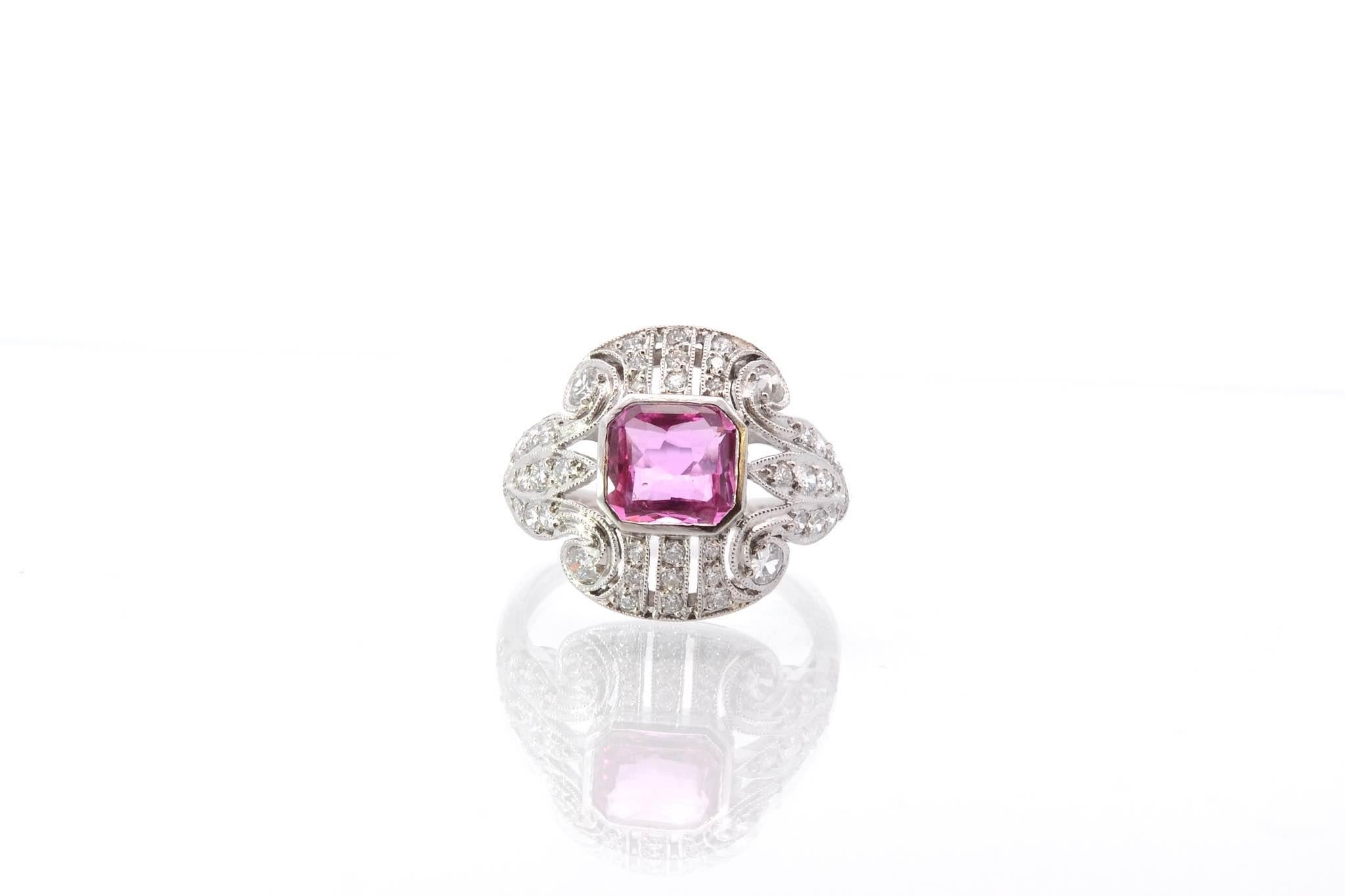 Stones: Pink sapphire of 1.66 cts and 44 diamonds of 0.80 ct
Material: Platinum
Dimensions: 1.6cm
Weight: 6.1g
Period: Recent vintage art deco style
Size: 52 (free sizing)
Certificate
Ref. : 25552 25293