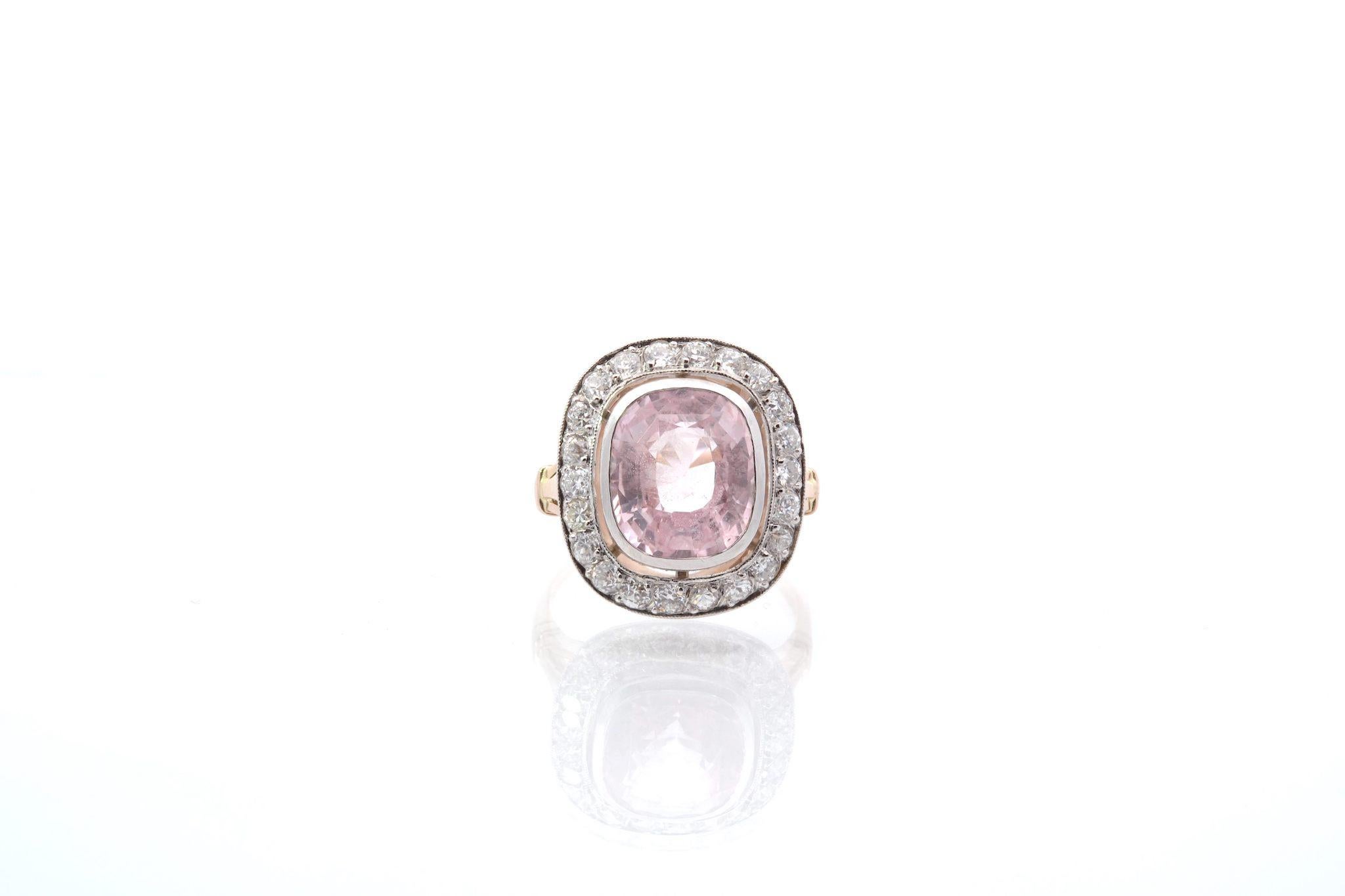 Stones: Pink sapphire: 5.65 cts, 22 diamonds: 0.80 ct.
Material: Rose gold and platinum
Dimensions: 1.8 x 1.6 cm
Weight: 7g
Period: Recent 1900 style (handmade)
Size: 52 (free sizing)
Certificate
Ref. : 25315 25091