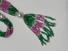 Pink Sapphire and Emerald Beaded Cts 295.34 Necklace with Diamond Roundels Pearl