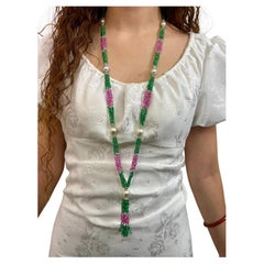 Pink Sapphire and Emerald Beaded Cts 295.34 Necklace with Diamond Roundels Pearl