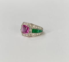 Pink Sapphire and Emerald Engagement Ring in 14K White Gold
