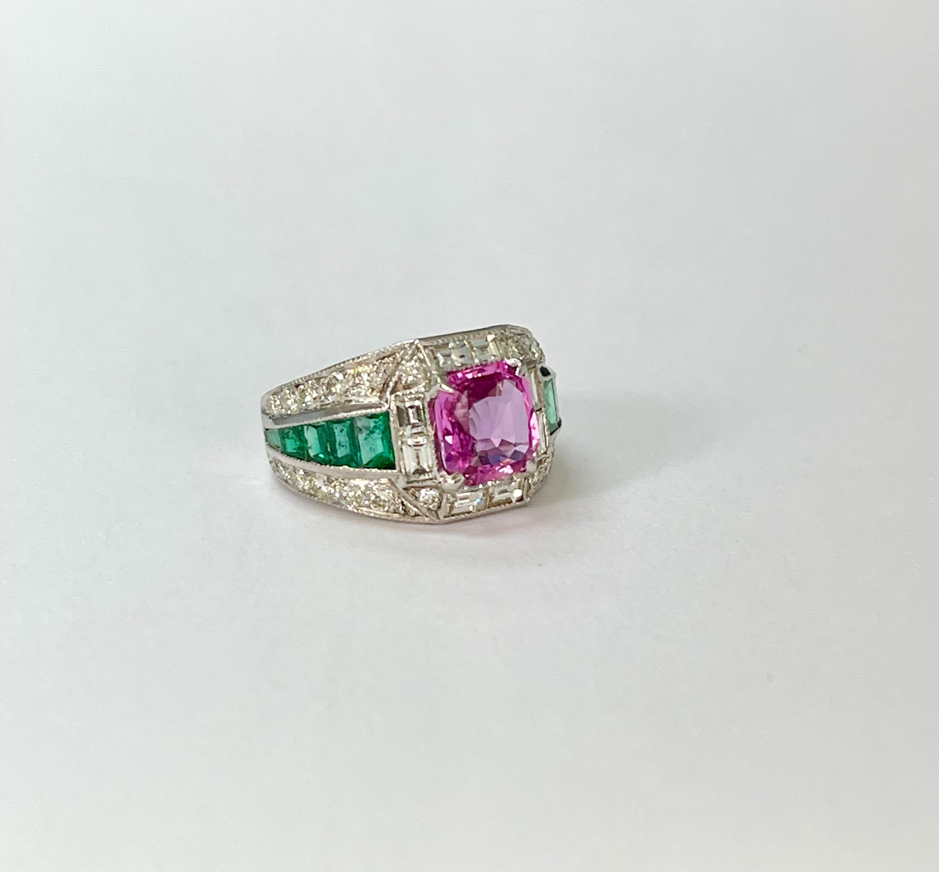 Contemporary Pink Sapphire and Emerald Engagement Ring in 14K White Gold For Sale