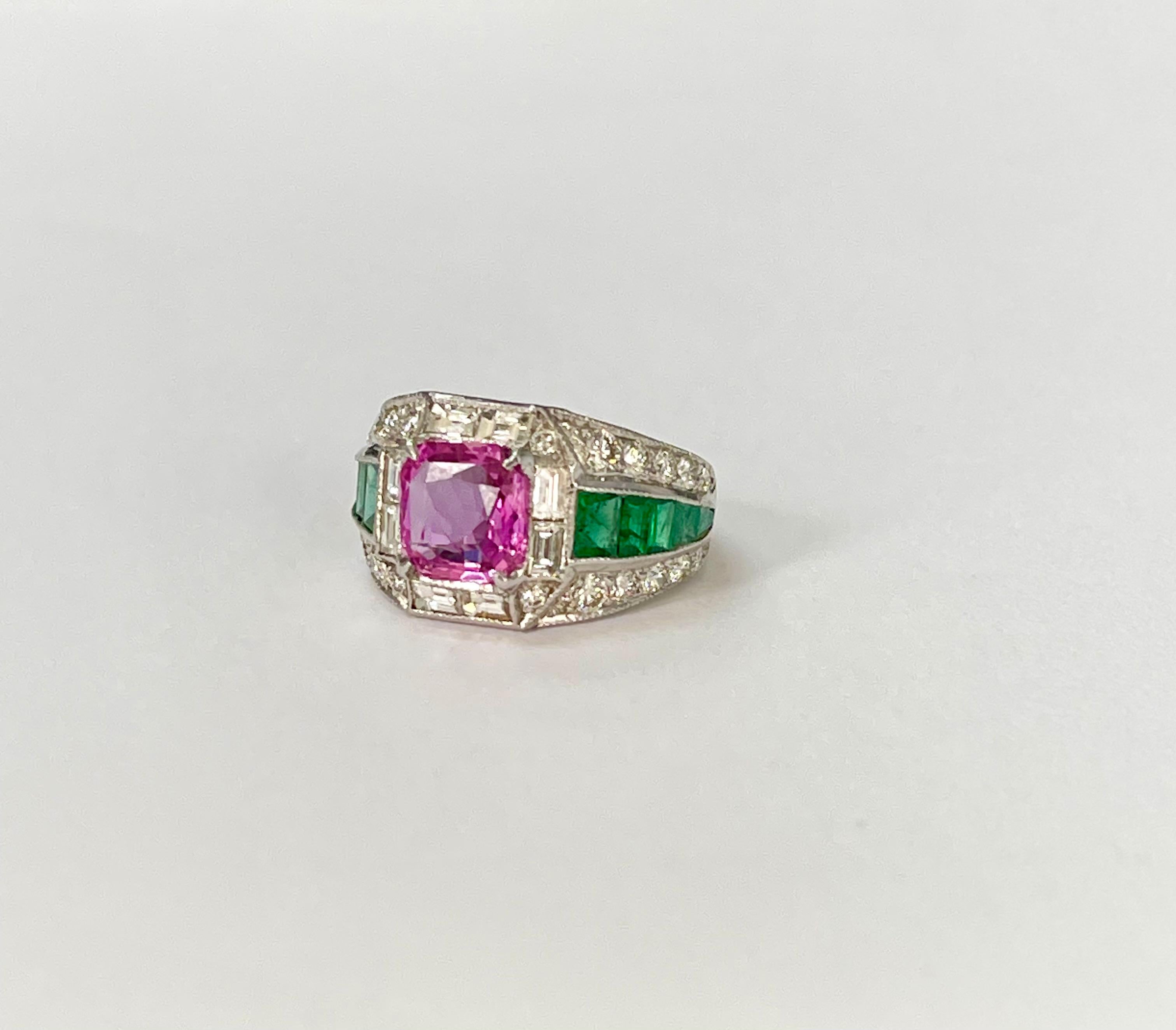 Cushion Cut Pink Sapphire and Emerald Engagement Ring in 14K White Gold For Sale