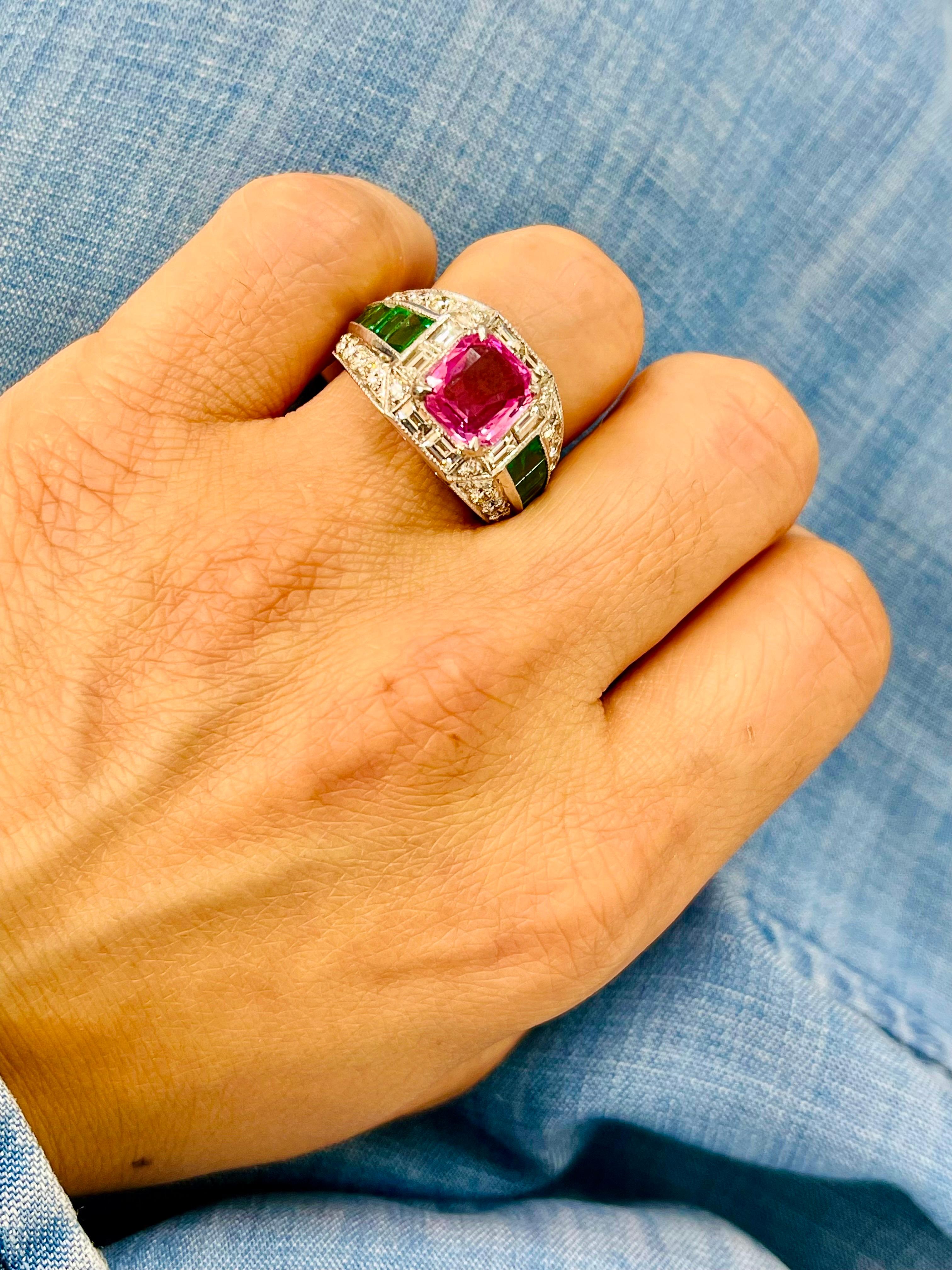 Women's Pink Sapphire and Emerald Engagement Ring in 14K White Gold For Sale