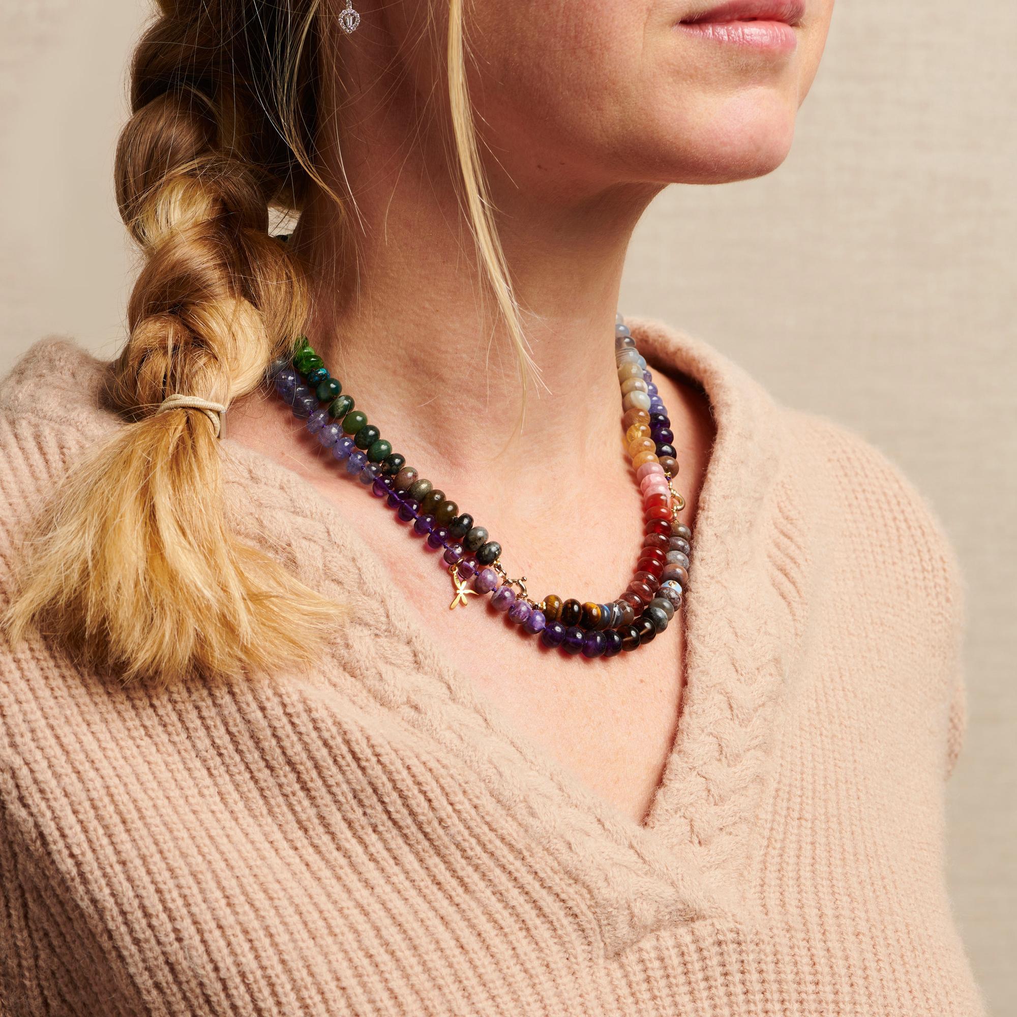 Drench yourself in gemstones with hues of reds and greens... This handmade necklace in 14K Solid Gold, enriched with colorful pure gemstones such as;

• Rainbow moonstone
• Pink Opal
• Pink Sapphire
• Aquamarine
• Garnet
• Iolite
• Prehnite
•