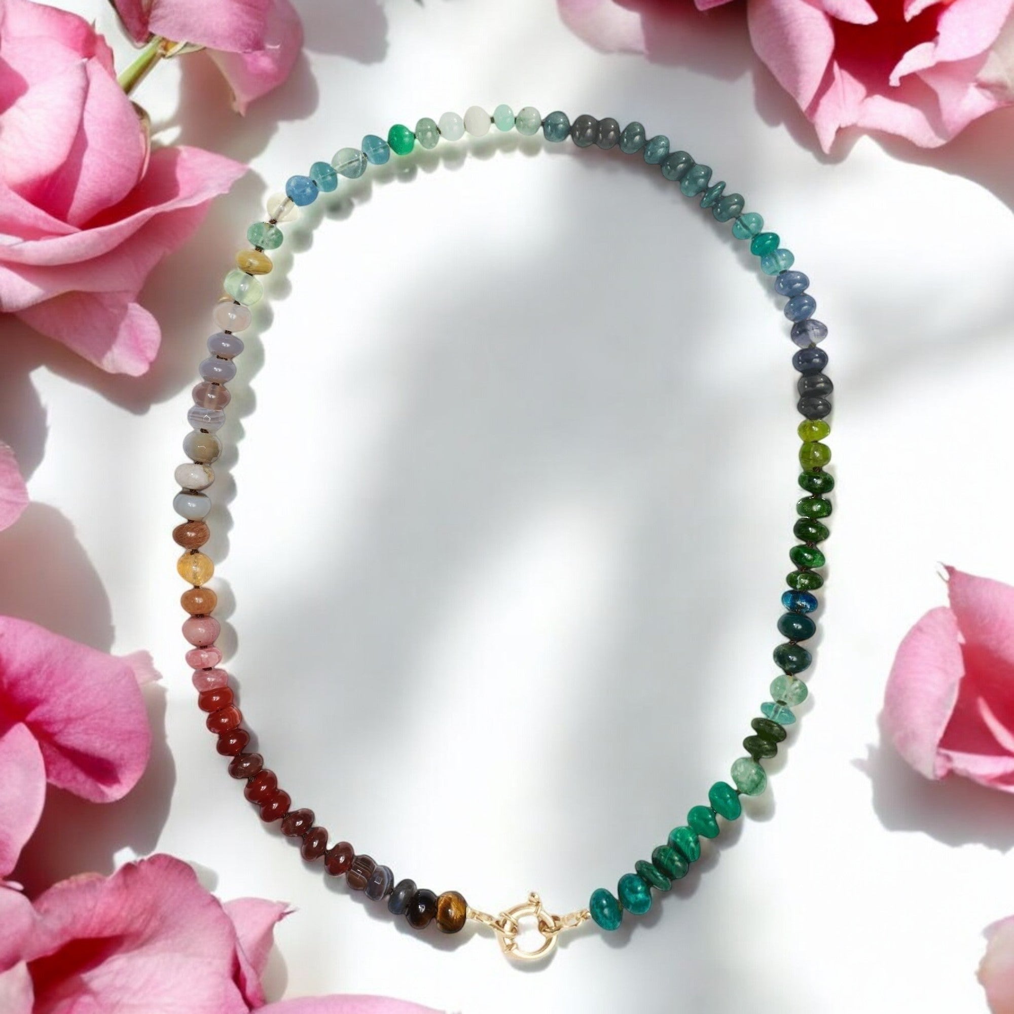 Modern Pink Sapphire and Opal Beaded Yellow Gold Necklace For Sale