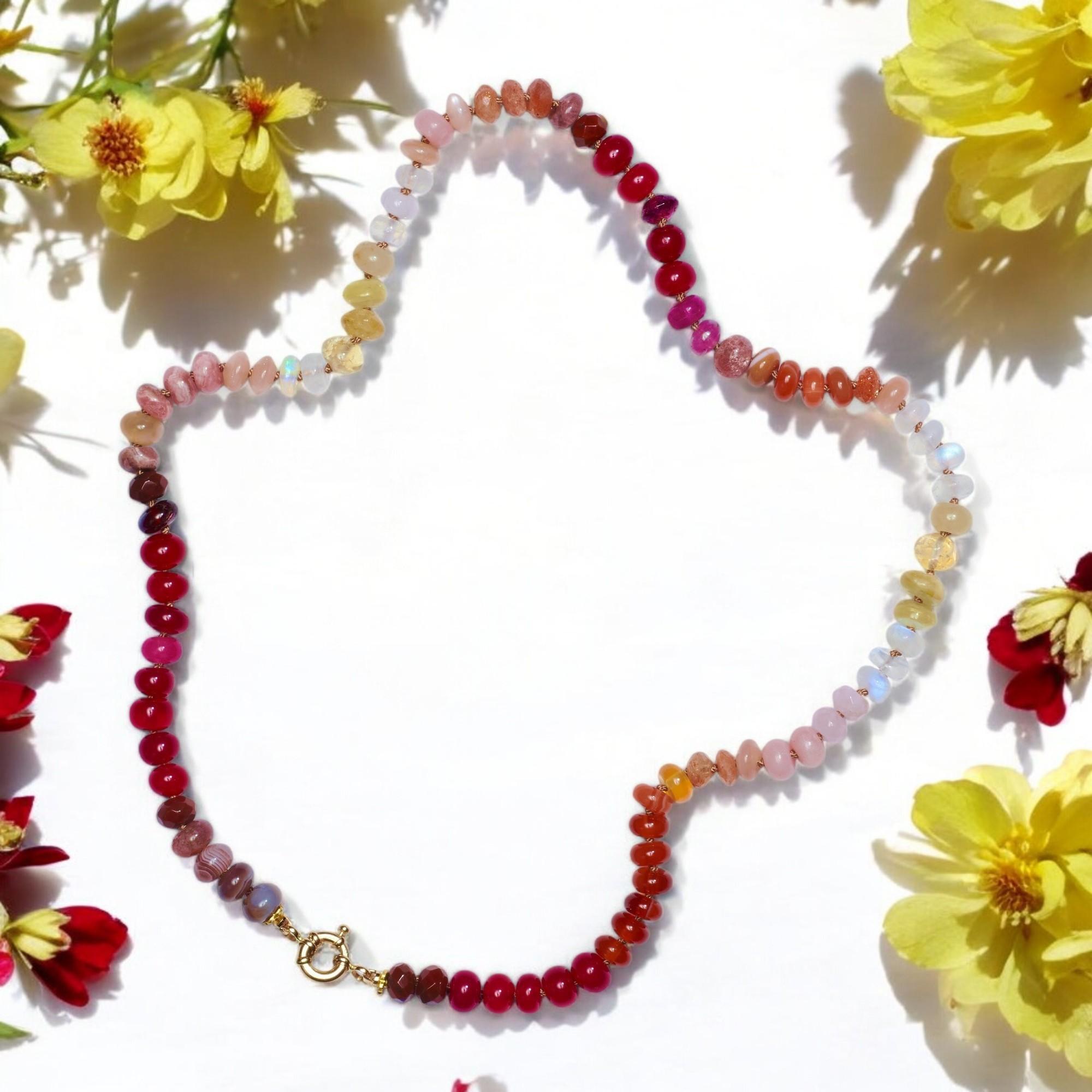 Inspired on the sun, that touches the sky for the first time in early mornings.... Blue flashes rainbow moonstone candy necklace with precious beaded citrine gemstones like ruby, sapphire and agates. Meticulously Hand Knotted and finished with 14k