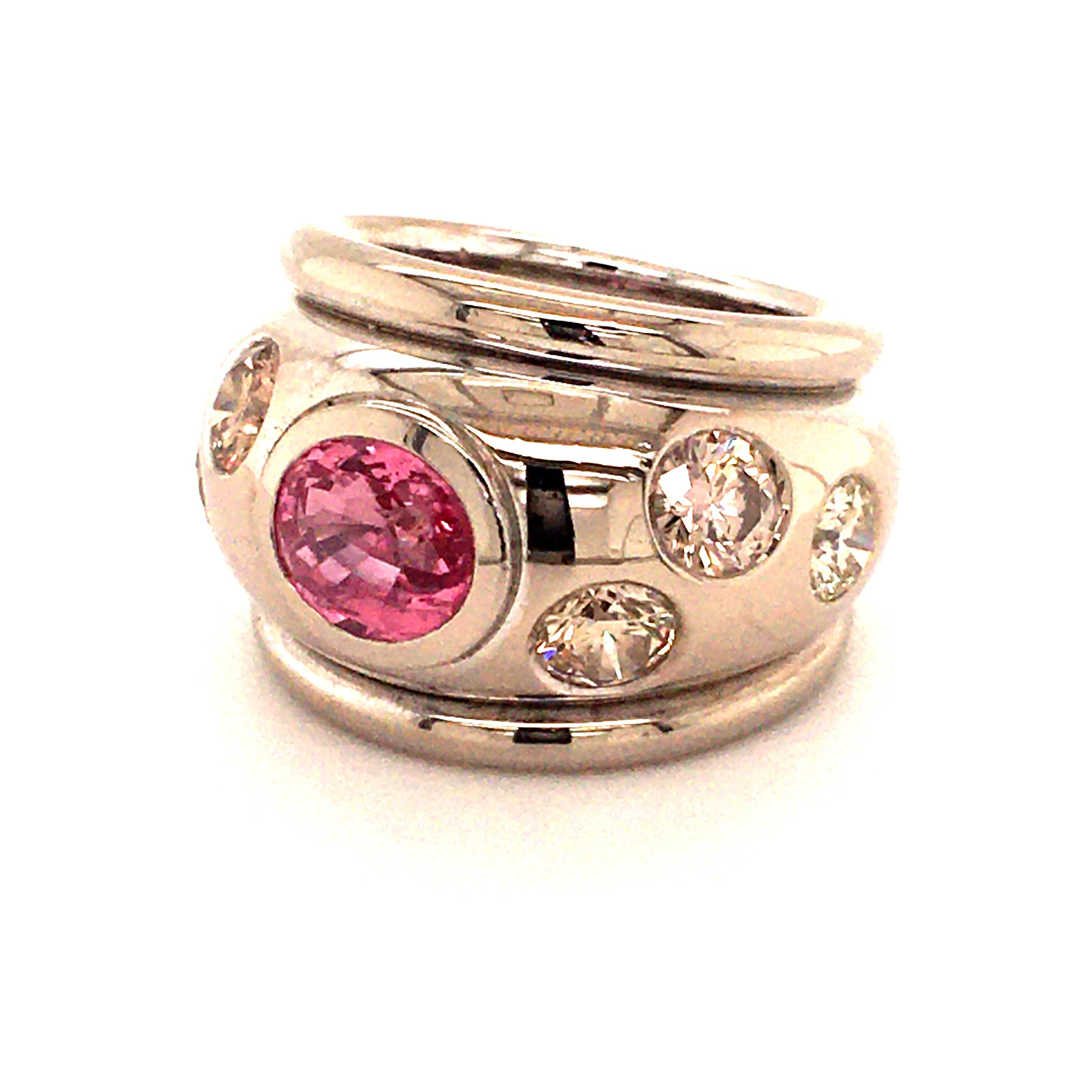 Modern Pink Sapphire and Fancy Color Diamond Ring in 18 Karat White Gold For Sale