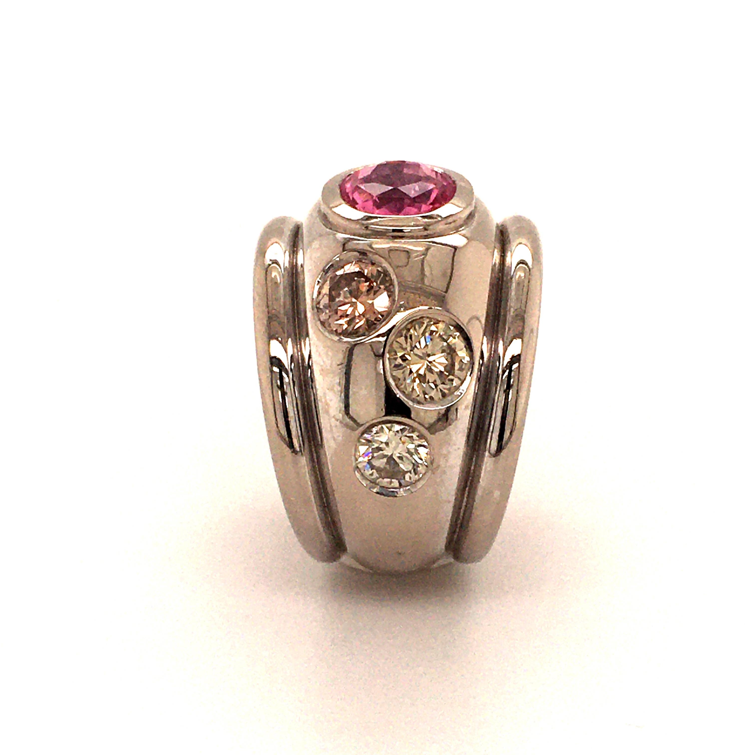 Women's or Men's Pink Sapphire and Fancy Color Diamond Ring in 18 Karat White Gold For Sale