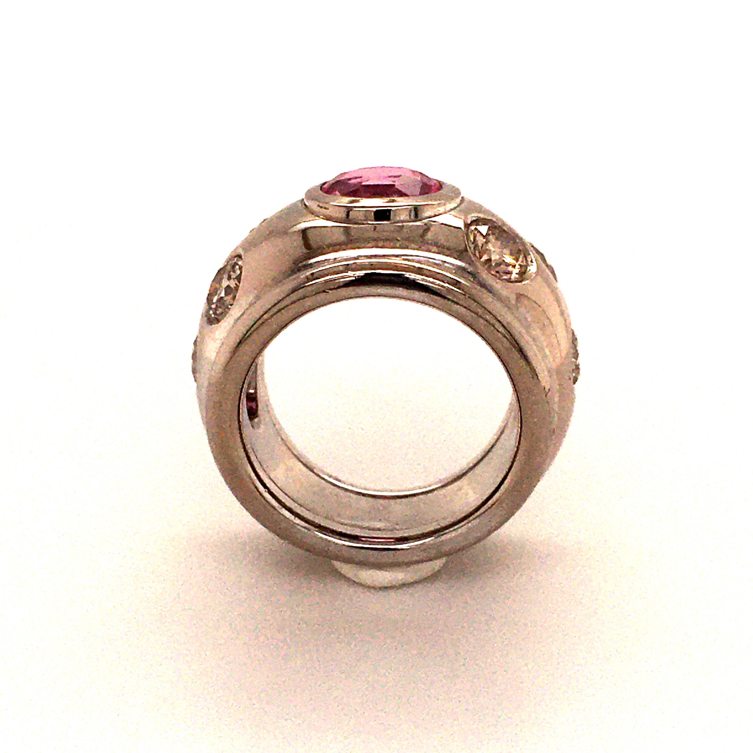 Pink Sapphire and Fancy Color Diamond Ring in 18 Karat White Gold For Sale 1