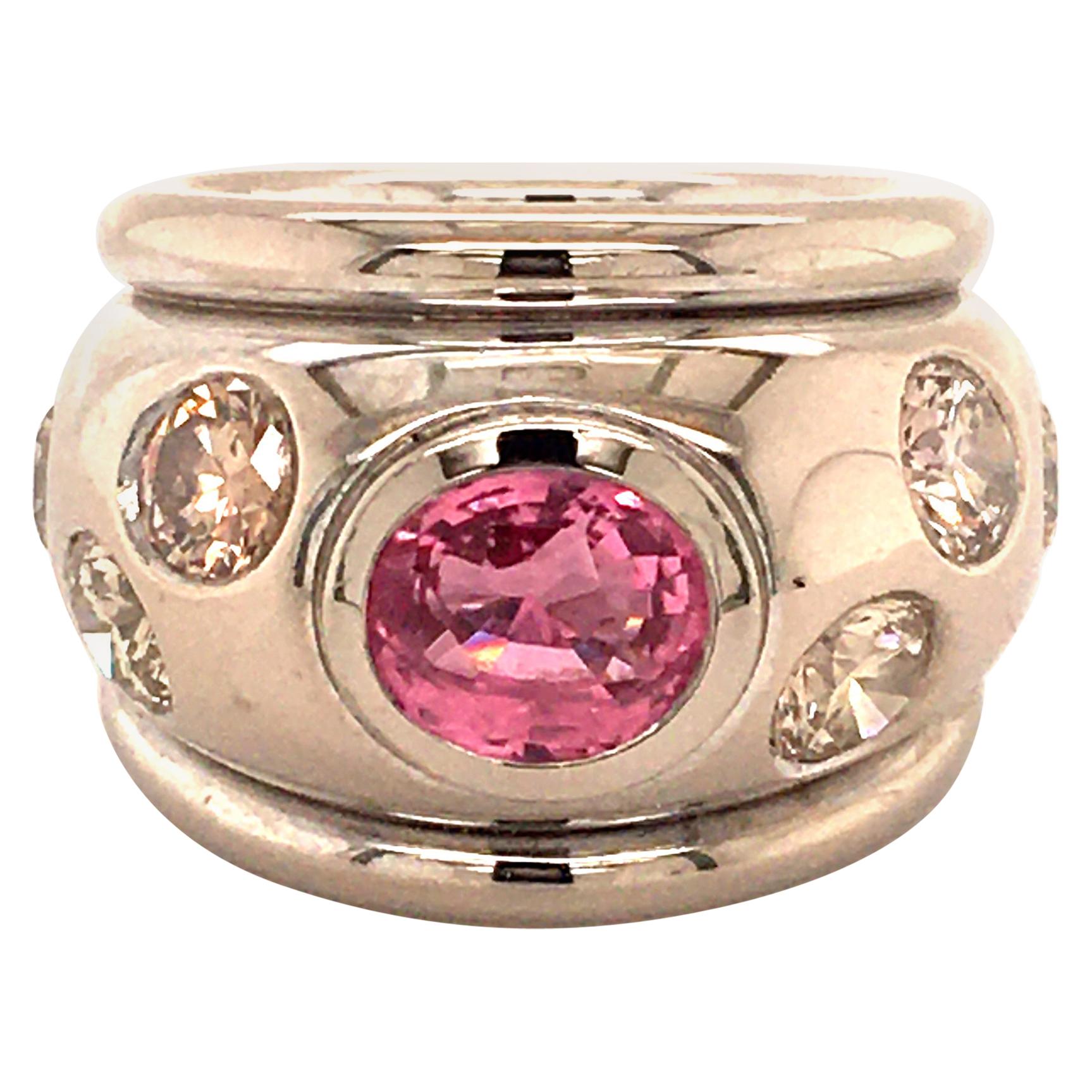 Pink Sapphire and Fancy Color Diamond Ring in 18 Karat White Gold For Sale