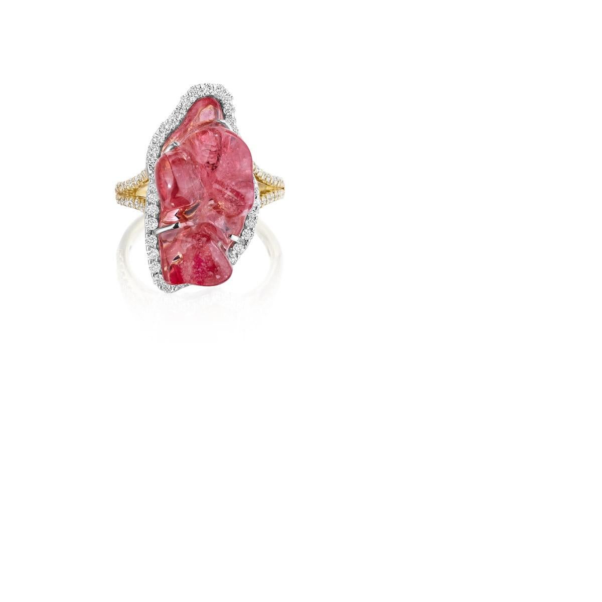 An American Contemporary 18 karat rose gold ring with a natural formation pink spinel by Kimberly McDonald. The ring has a natural pink spinel set in pavé diamonds. Modern.

Size: this ring is size 7. It can be sized.

Signed, KMD. 