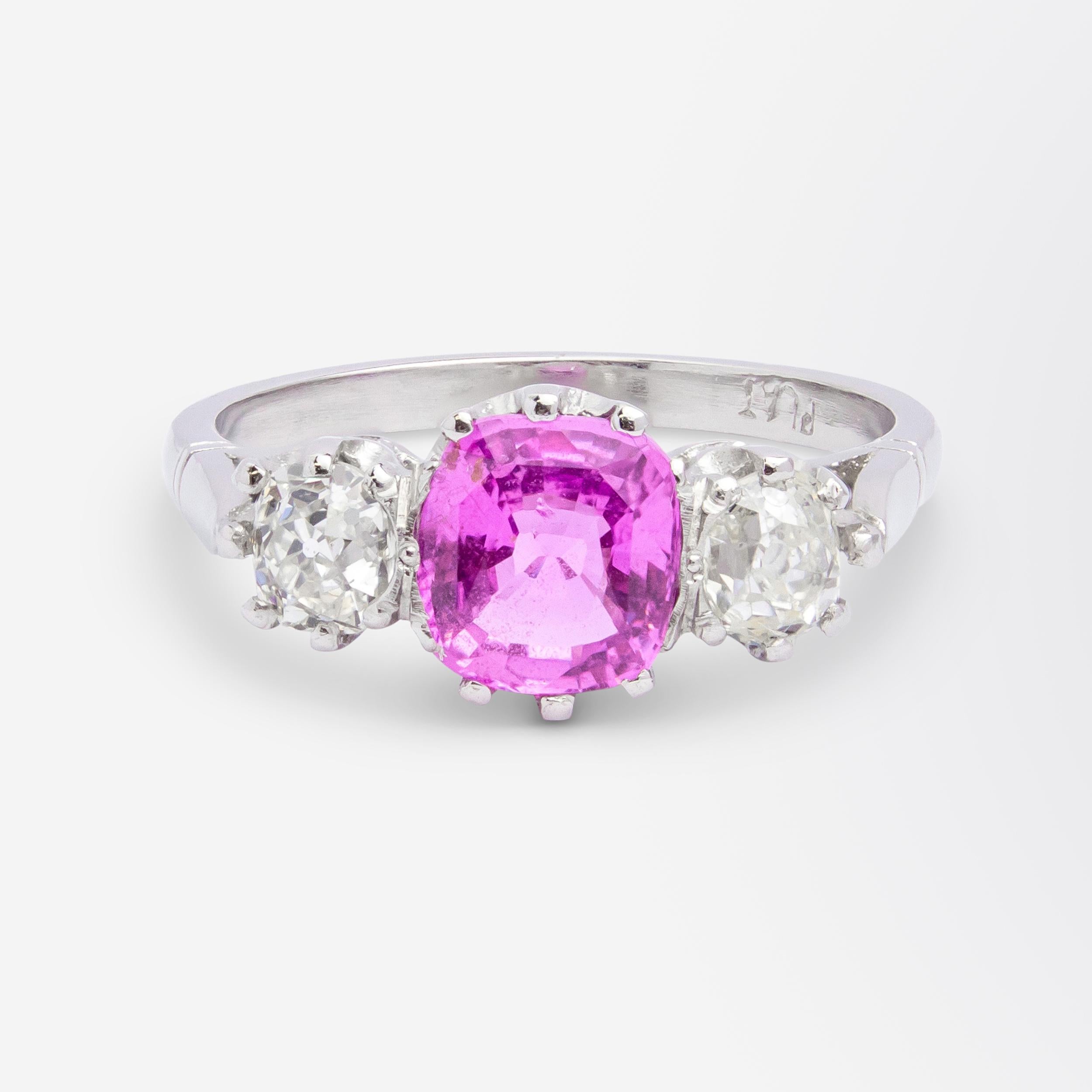 Edwardian Pink Sapphire and Old Cut Diamond Trinity Ring For Sale