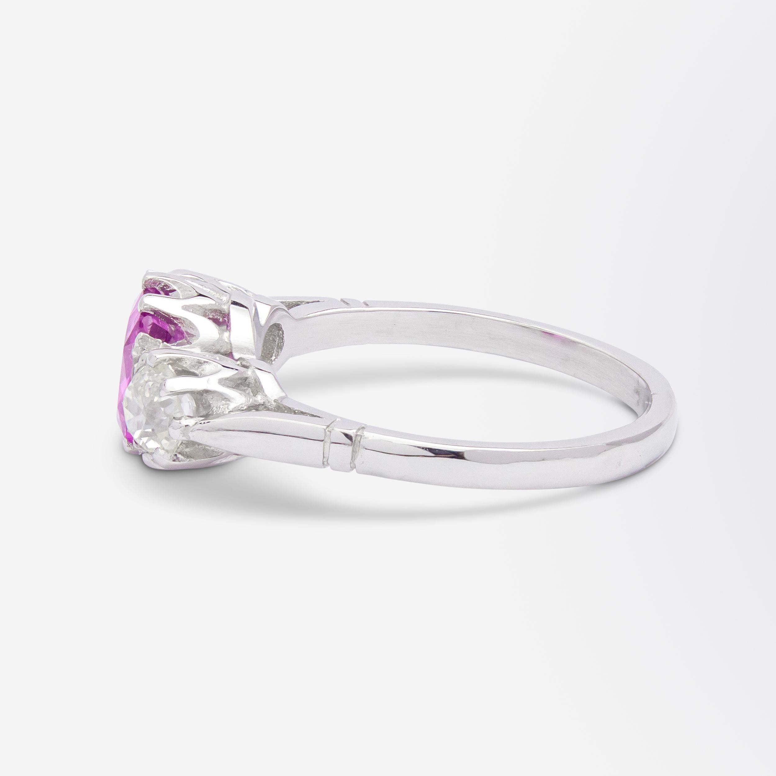 Old European Cut Pink Sapphire and Old Cut Diamond Trinity Ring For Sale