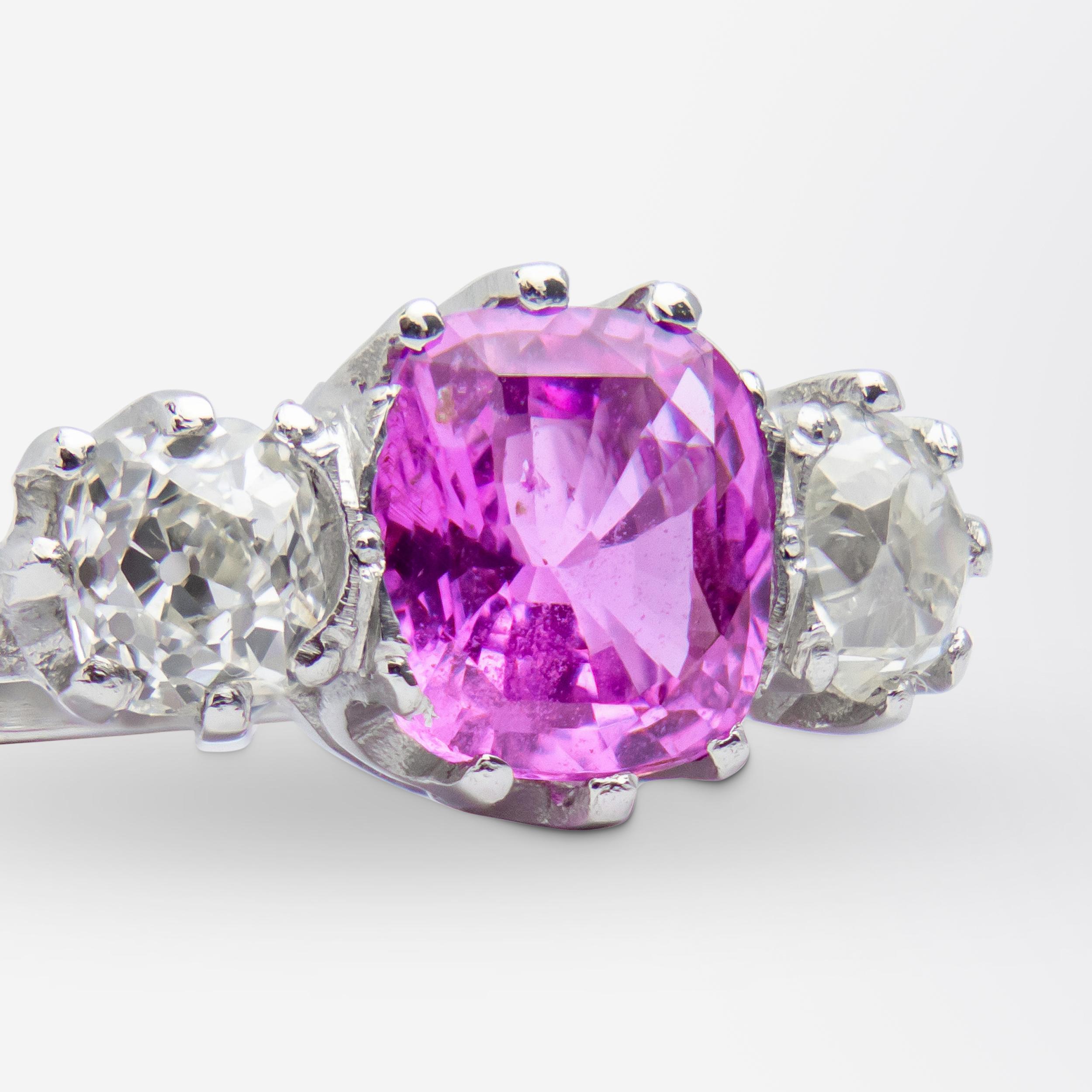 Women's or Men's Pink Sapphire and Old Cut Diamond Trinity Ring For Sale