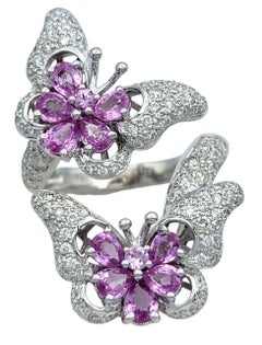 Pink Sapphire and Pavé Diamond Butterfly Cocktail Ring in 18 Karat White Gold