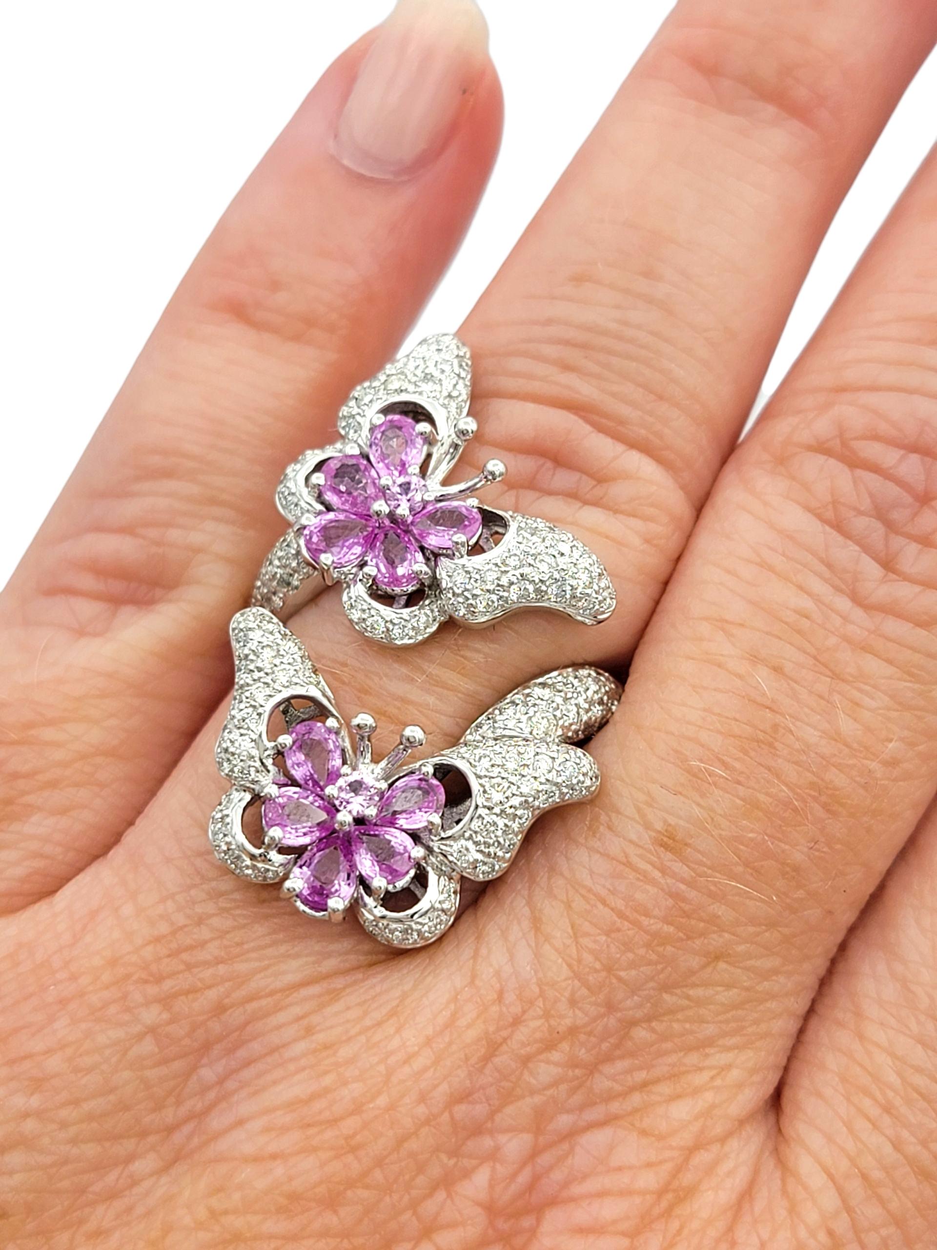 Pinker Saphir und Pavé-Diamant Schmetterlings-Cocktailring aus 18 Karat Weißgold im Angebot 2