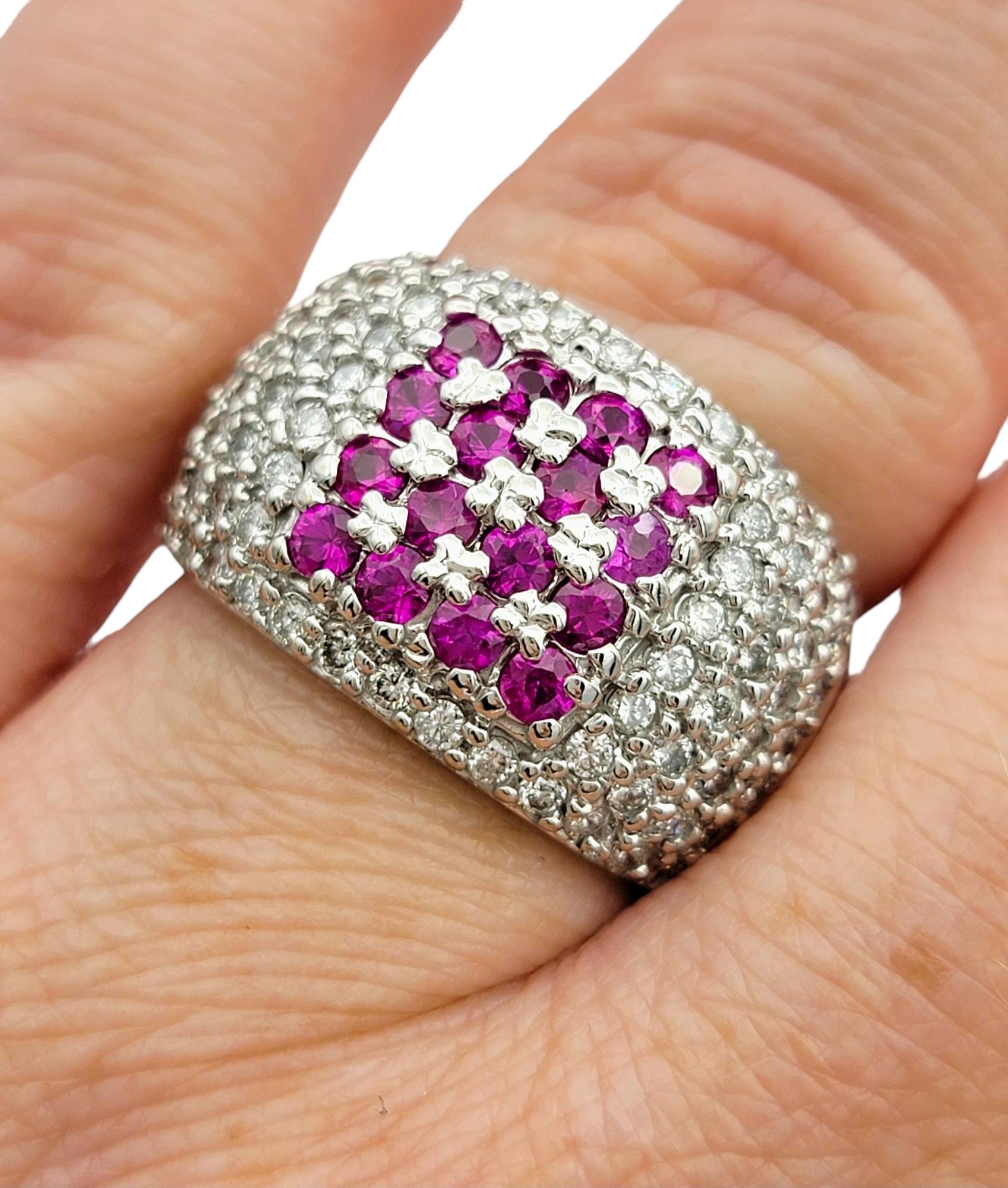 Pink Sapphire and Pavé Diamond Wide Band Ring Set in 14 Karat White Gold For Sale 4