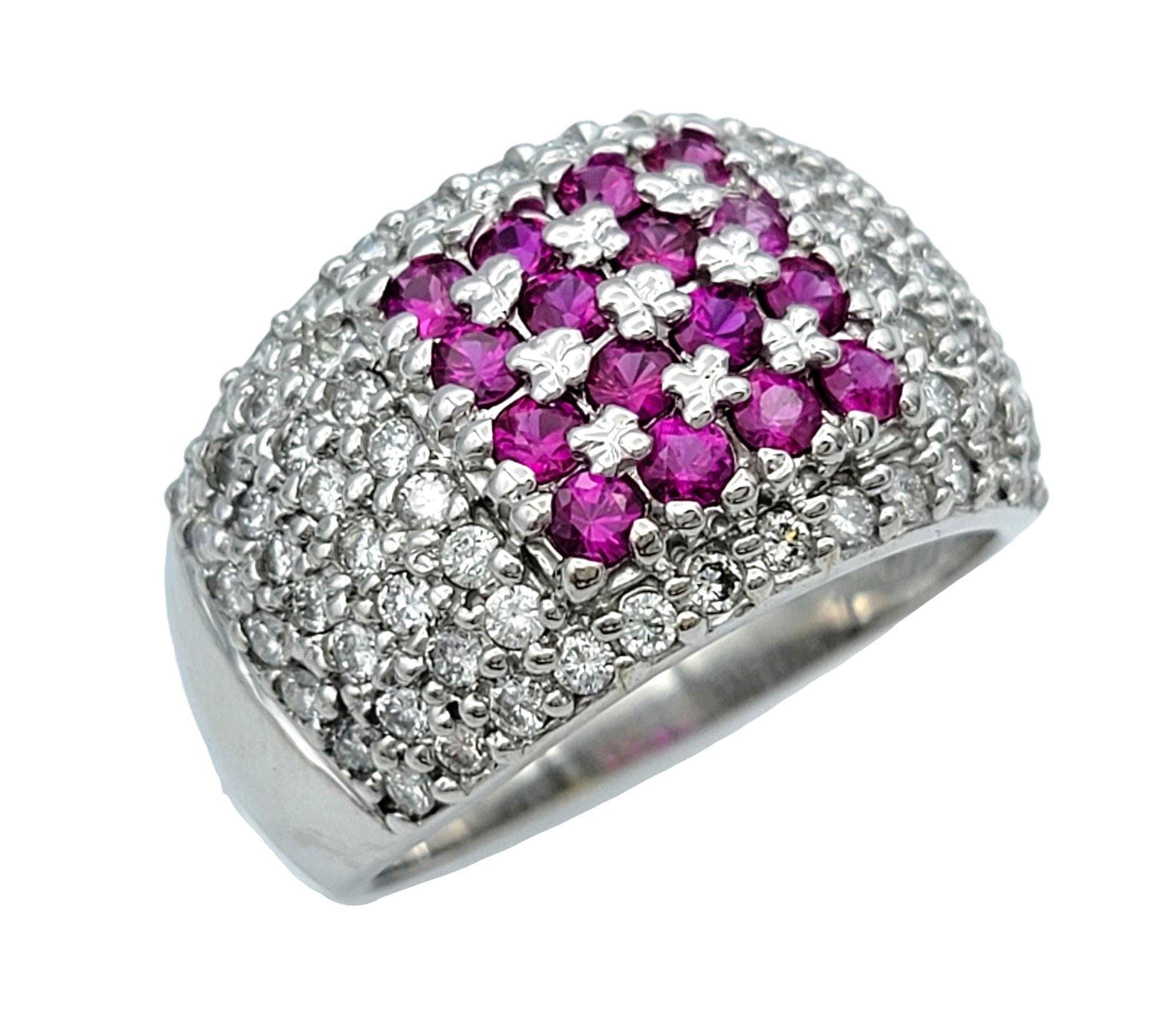 Contemporary Pink Sapphire and Pavé Diamond Wide Band Ring Set in 14 Karat White Gold For Sale