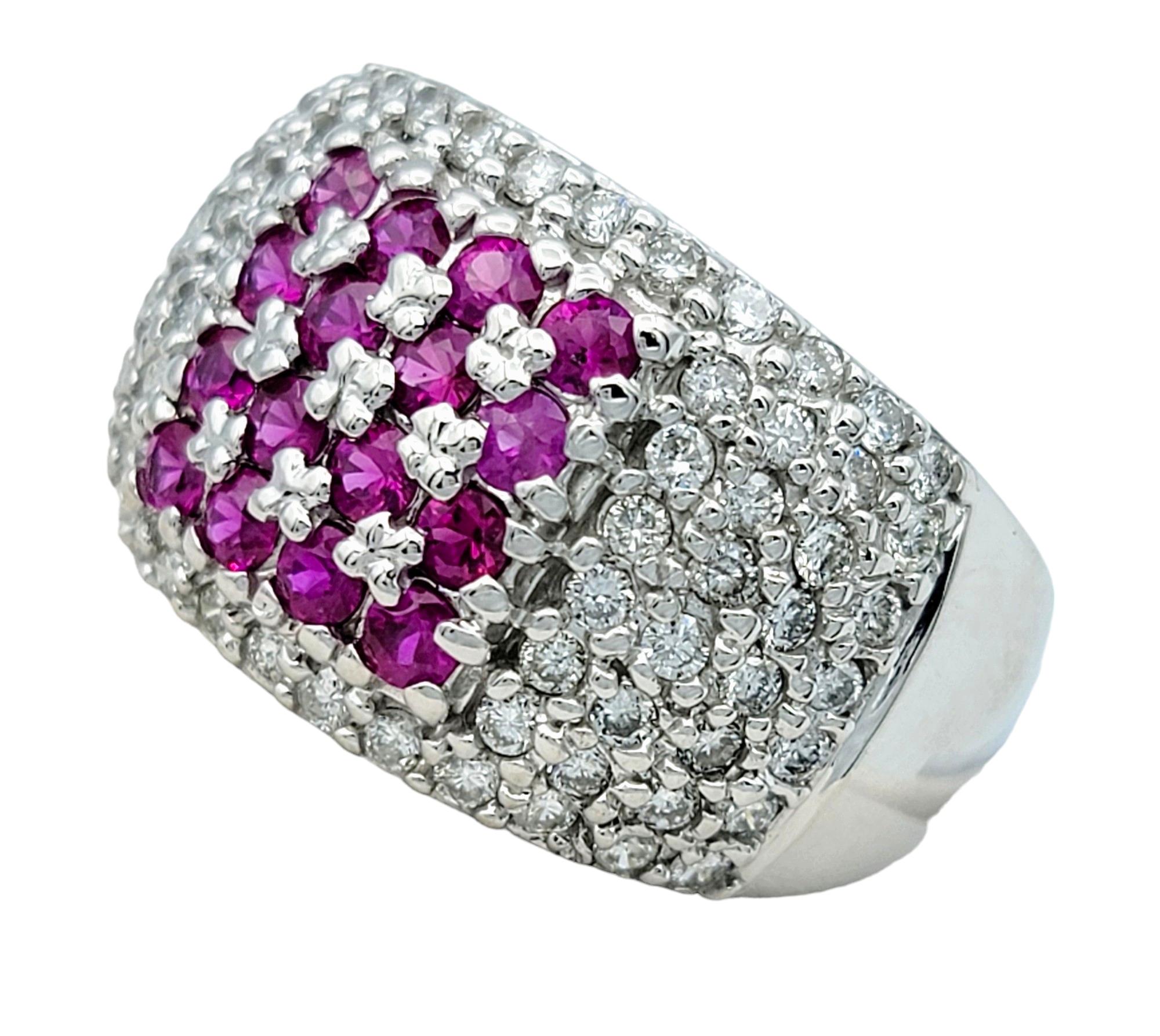 Round Cut Pink Sapphire and Pavé Diamond Wide Band Ring Set in 14 Karat White Gold For Sale
