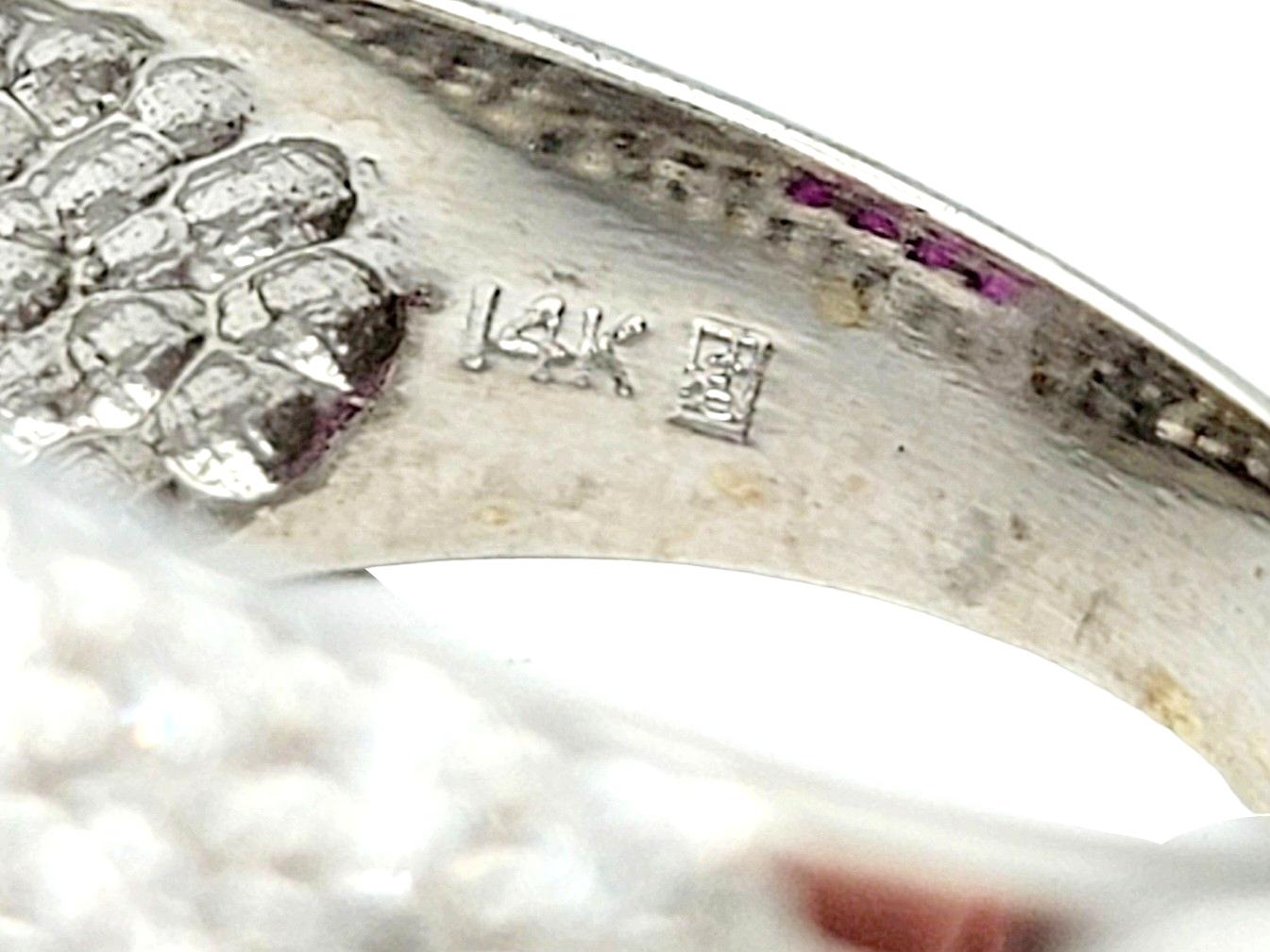 Pink Sapphire and Pavé Diamond Wide Band Ring Set in 14 Karat White Gold For Sale 1