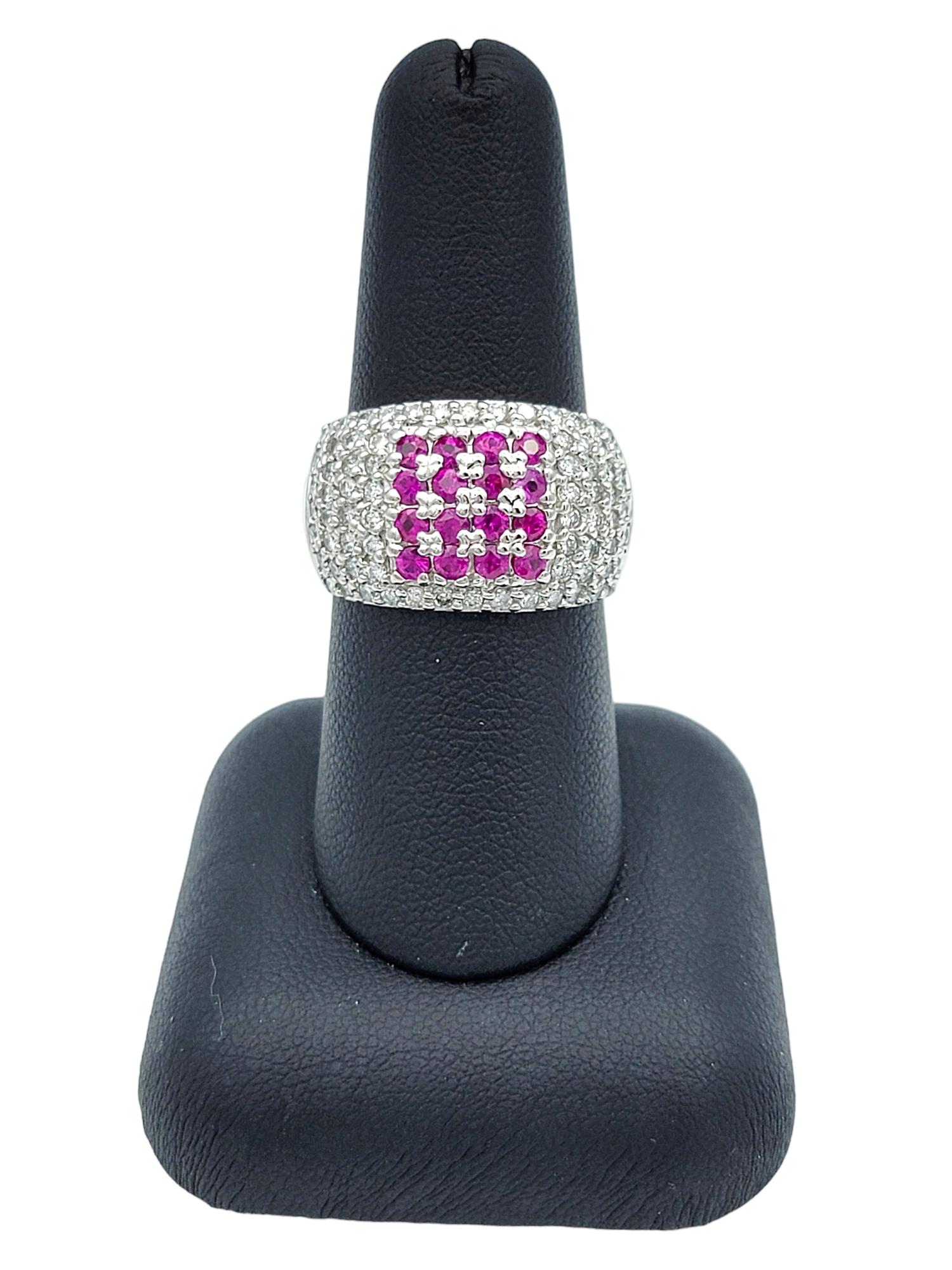 Pink Sapphire and Pavé Diamond Wide Band Ring Set in 14 Karat White Gold For Sale 2