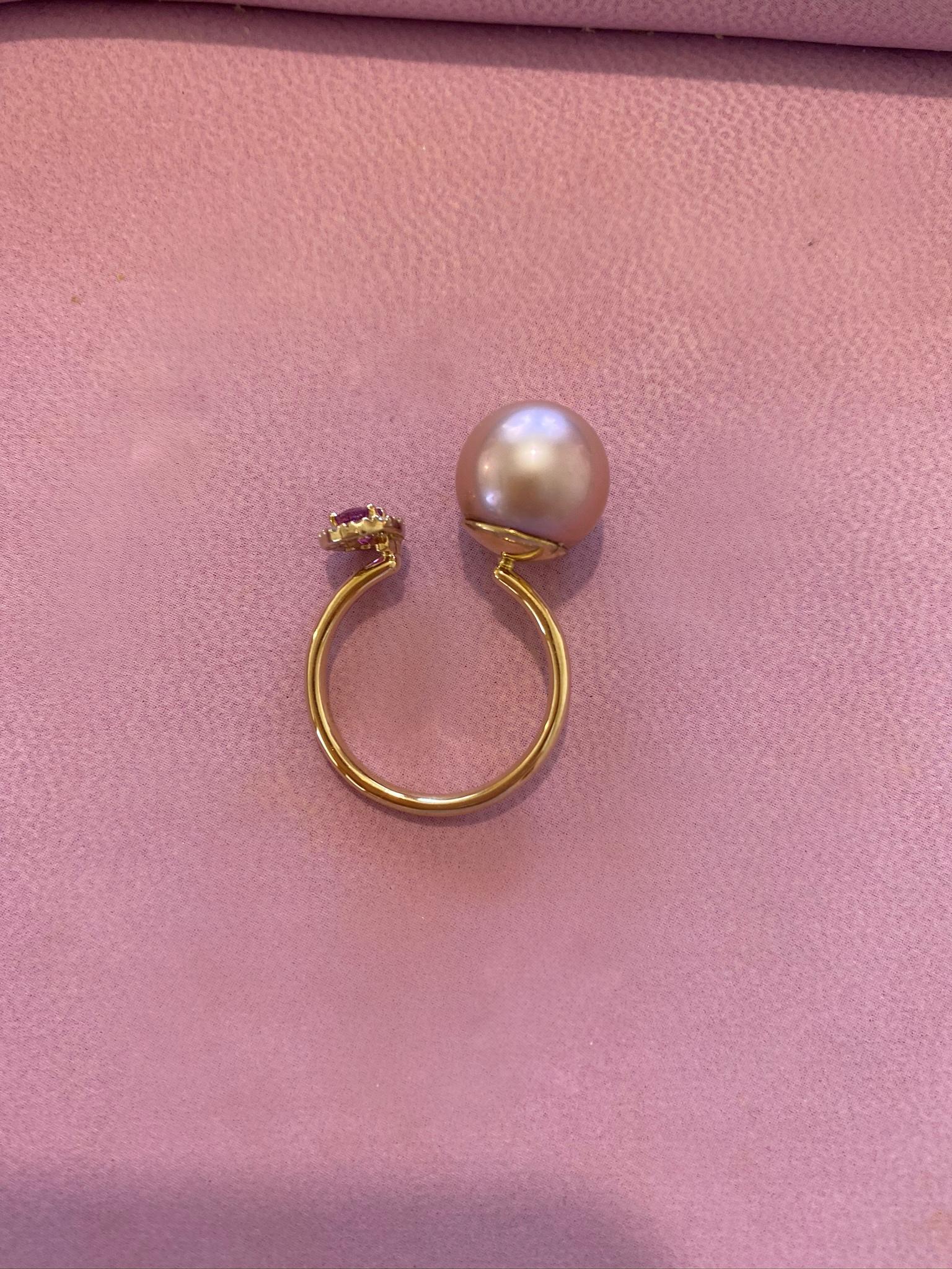 Oval Cut Pink Sapphire and Pearl Ring, 18K Gold