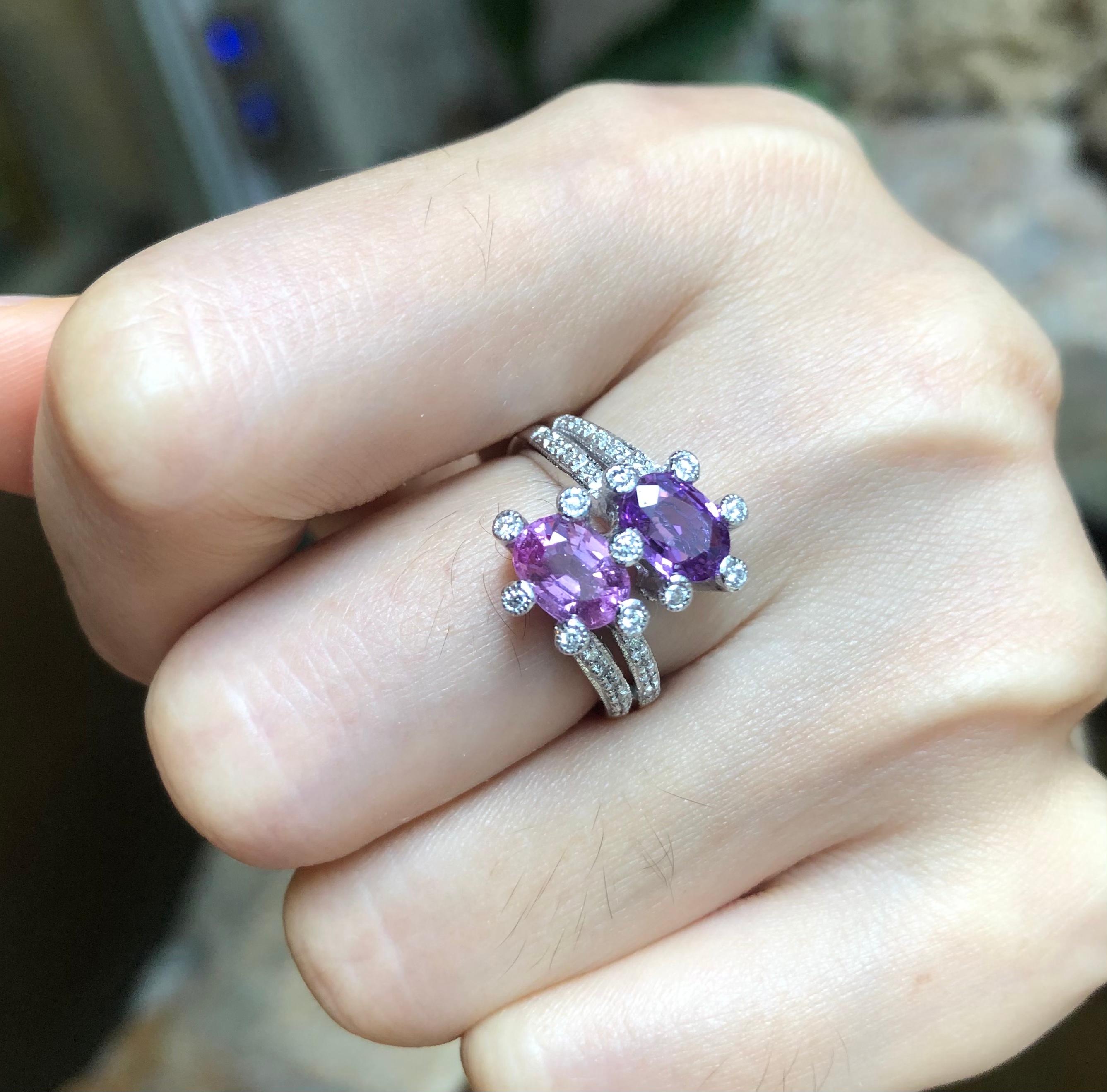 Oval Cut Pink Sapphire and Purple Sapphire with Diamond Ring Set in 18 Karat White Gold For Sale