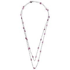 Pink Sapphire and Rose Cut Diamond Long Necklace, Single or Double Strand in 18K