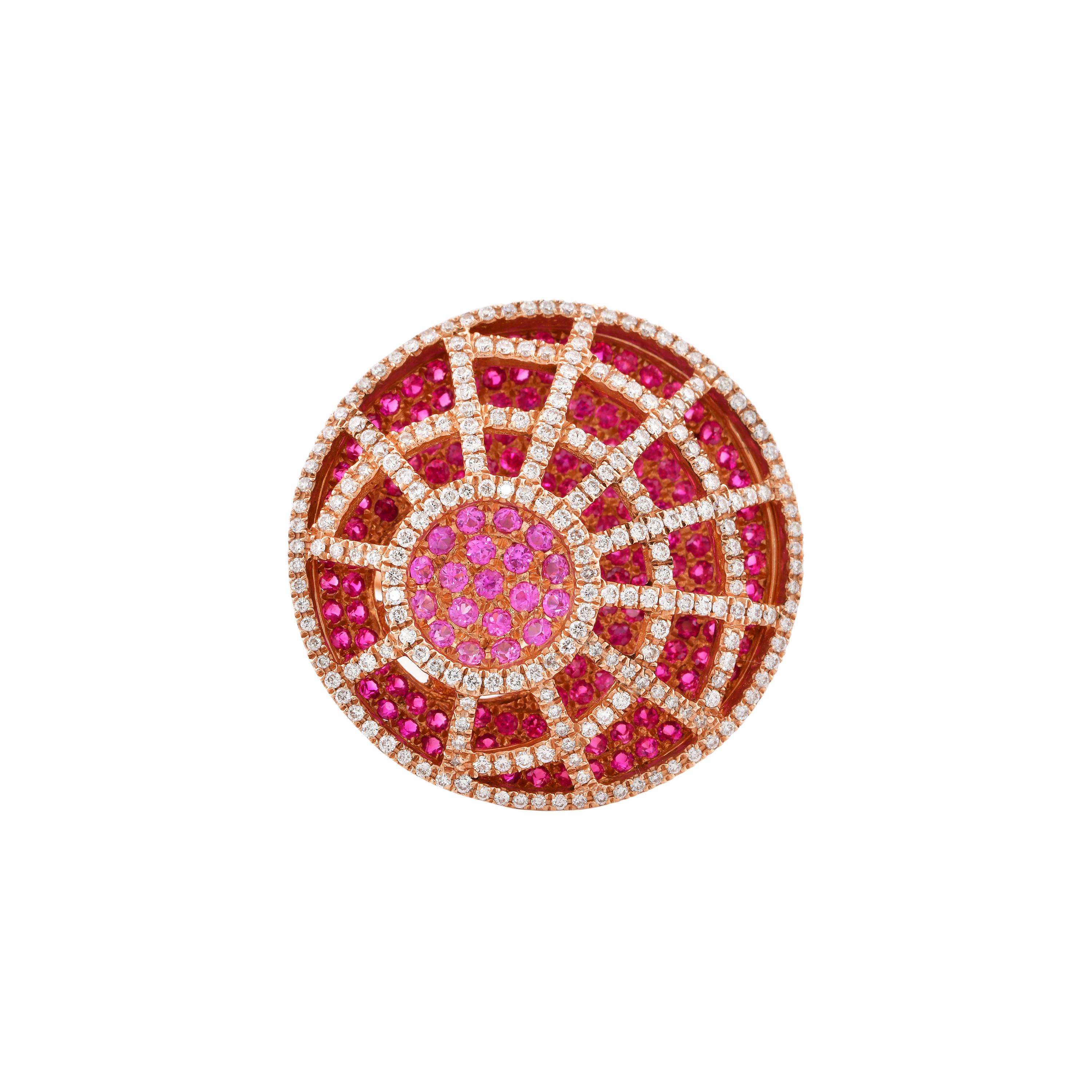 Contemporain Bague cocktail en or rose 14 carats, saphir rose et rubis avec diamants en vente