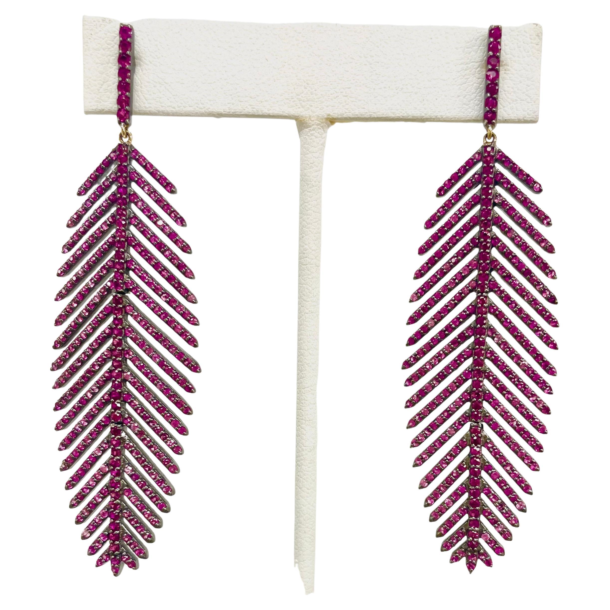 Modern Pink Sapphire and Ruby Feather Paradizia Earrings For Sale