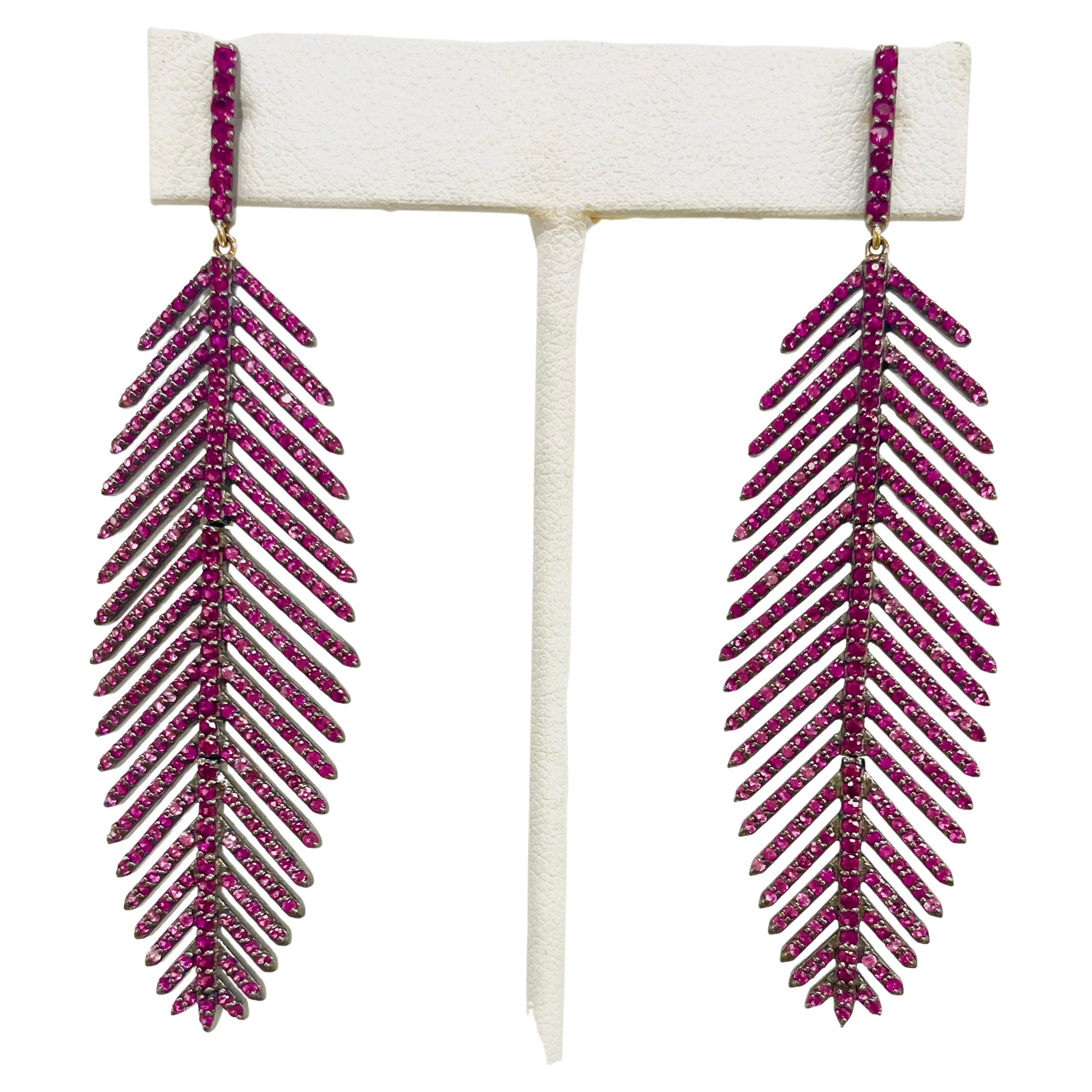 Contemporary Pink Sapphire and Ruby Feather Paradizia Earrings For Sale