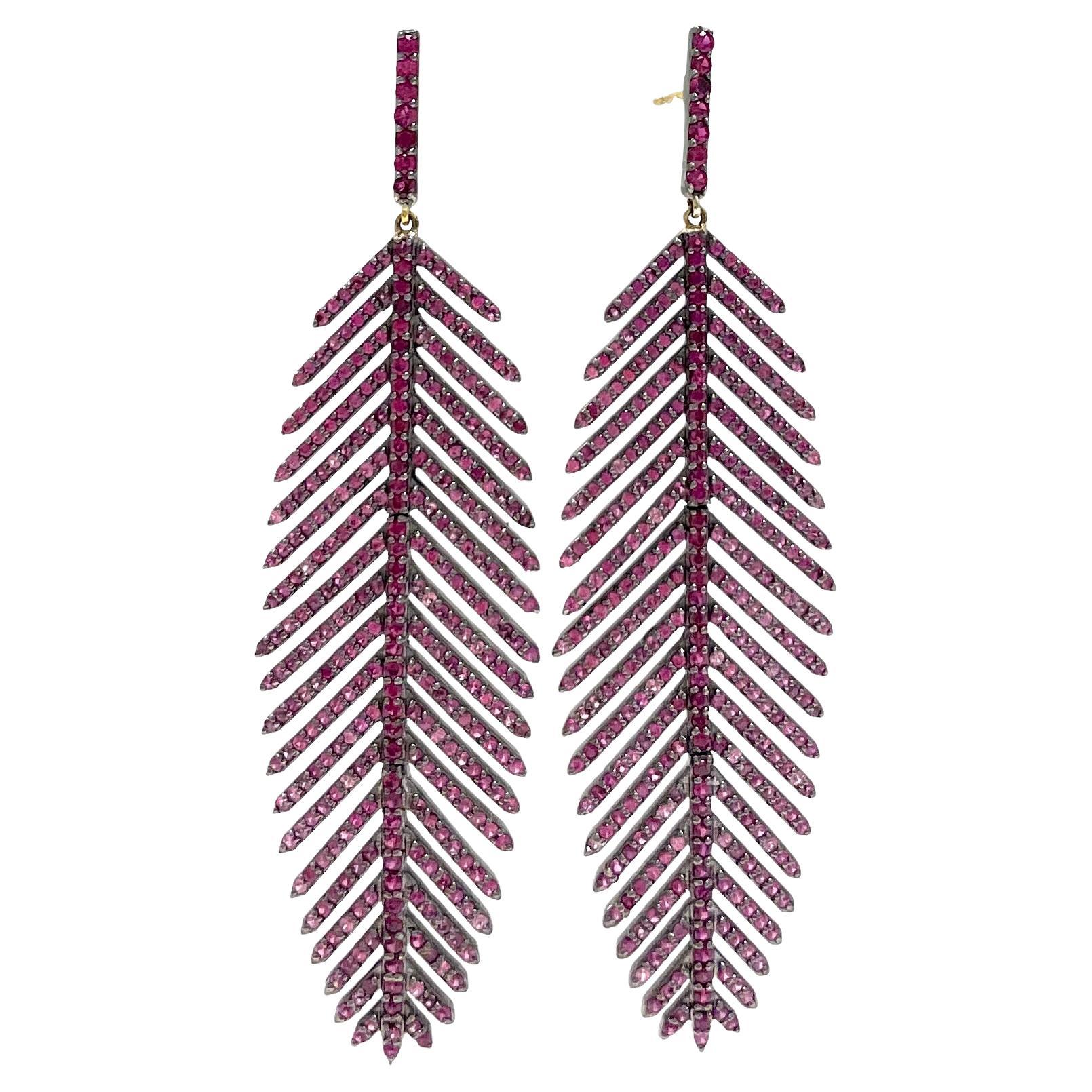Bead Pink Sapphire and Ruby Feather Paradizia Earrings For Sale