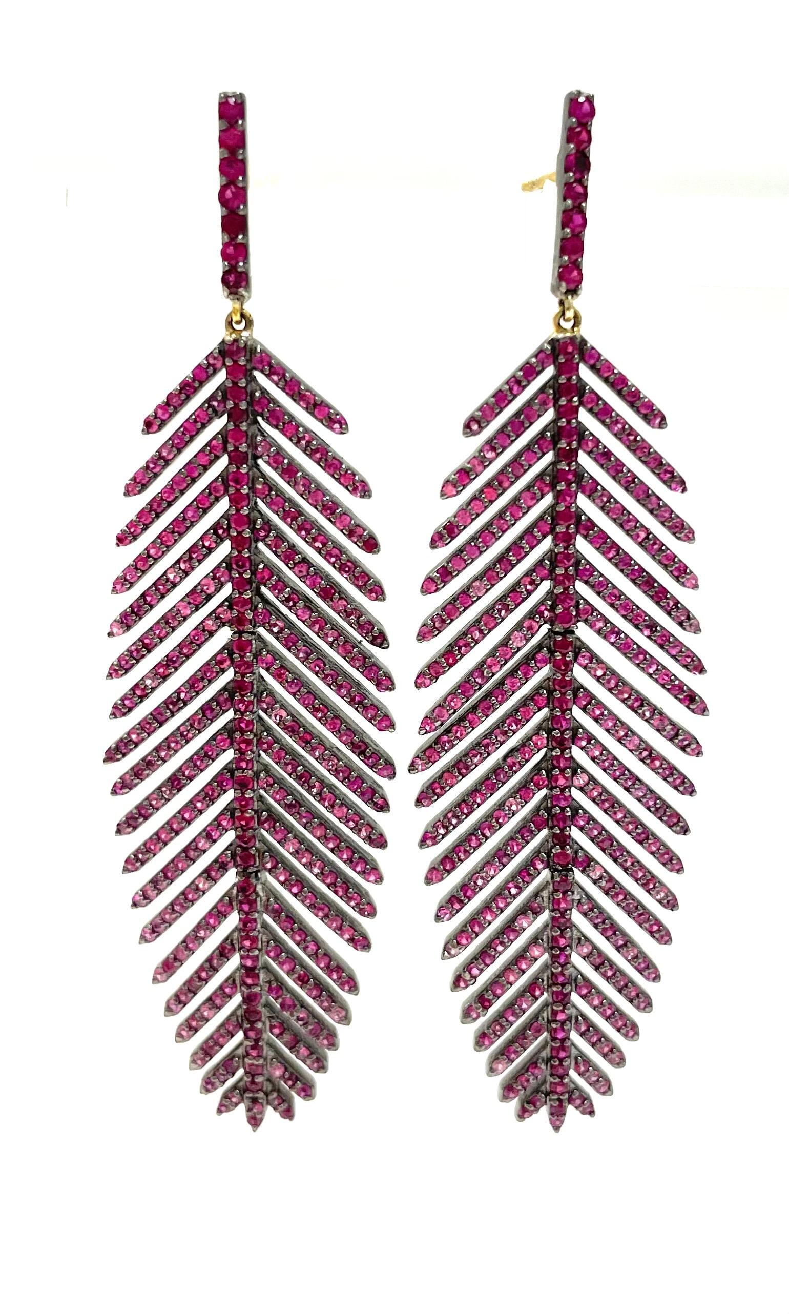 Women's Pink Sapphire and Ruby Feather Paradizia Earrings For Sale