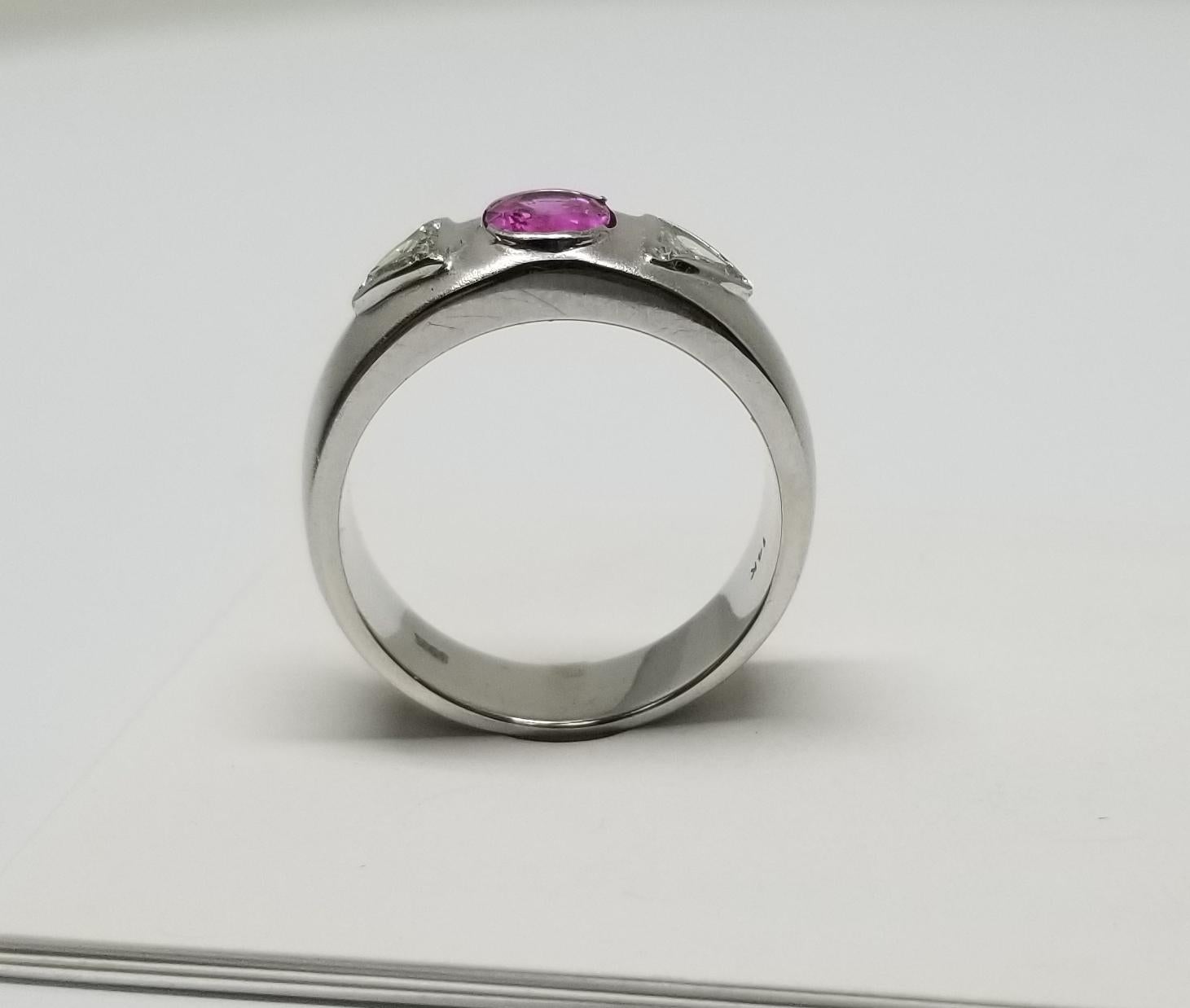 Contemporary Pink Sapphire and Trillion Cut Diamond Ring For Sale