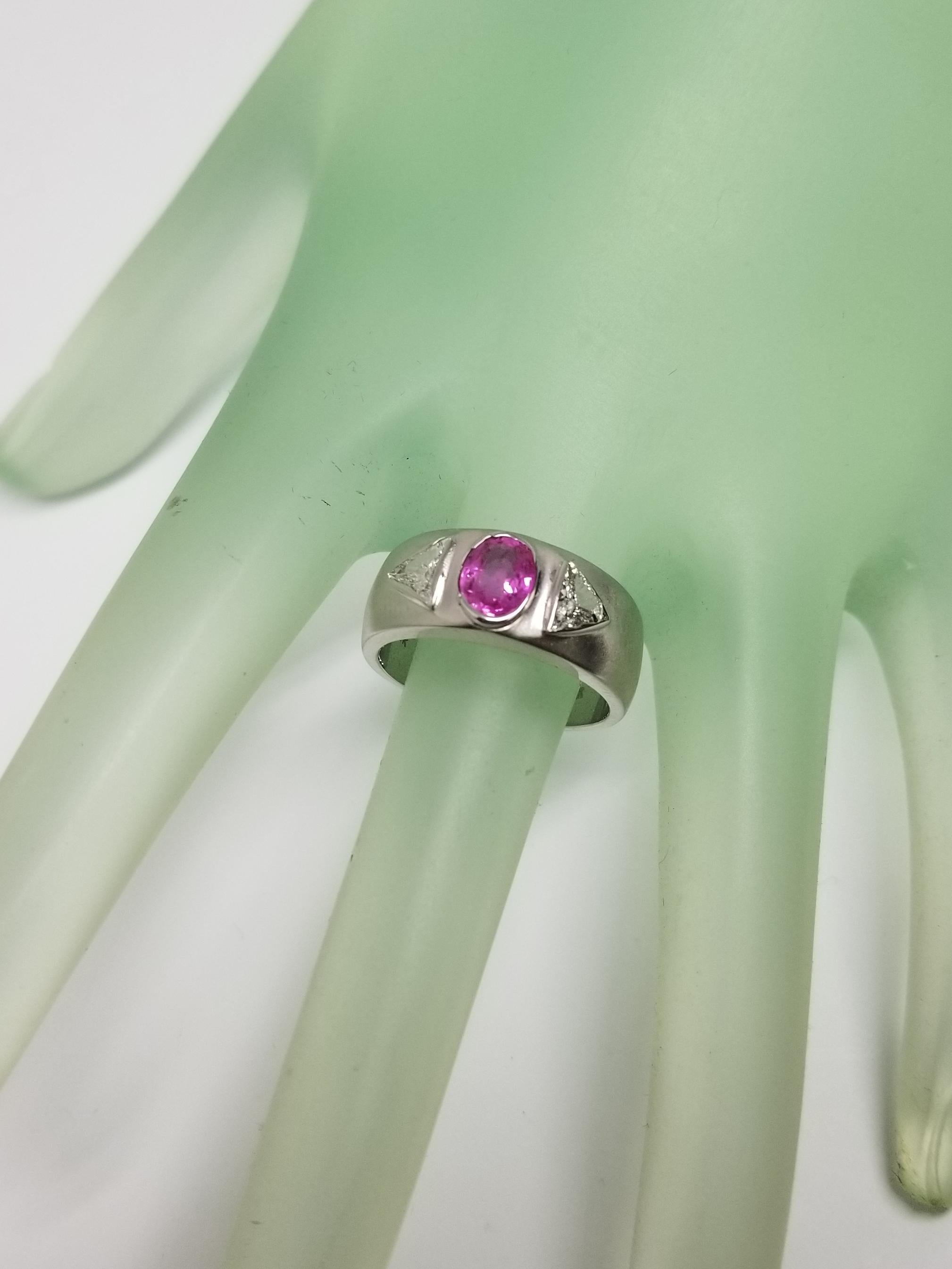 Oval Cut Pink Sapphire and Trillion Cut Diamond Ring For Sale