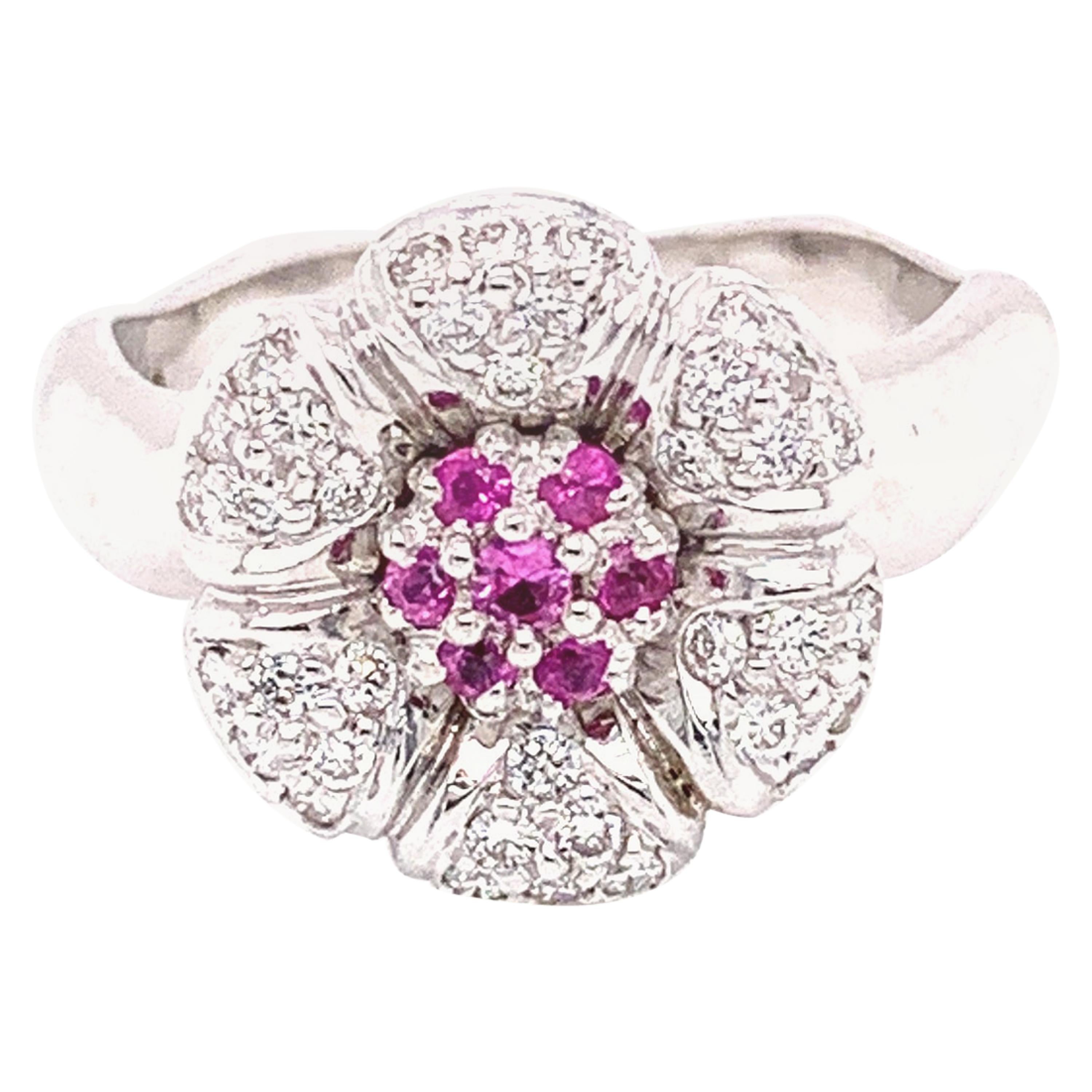Pink Sapphire and White Diamond Gold "Flower" Engagement Ring