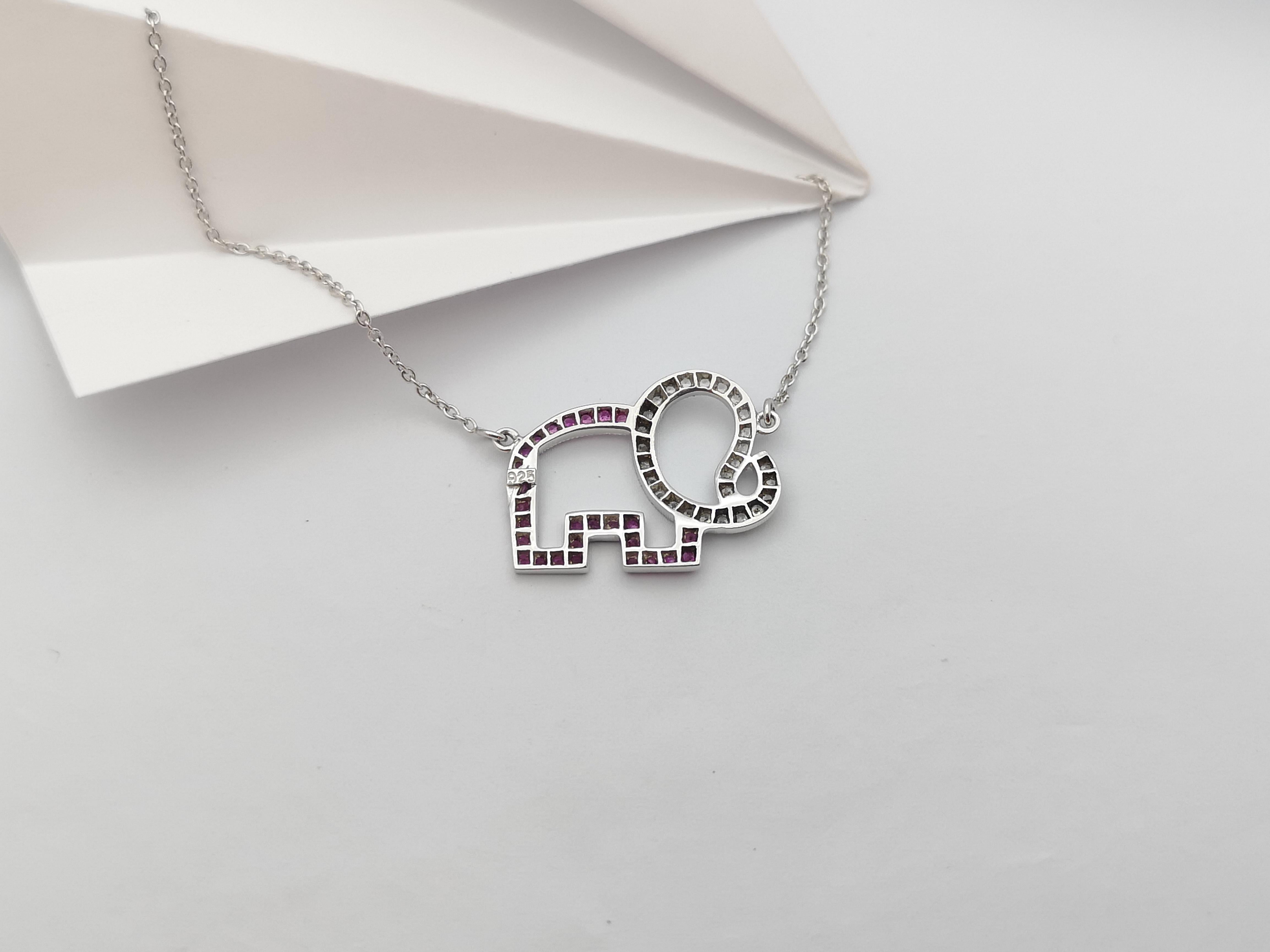 Contemporary Pink Sapphire and White Sapphire Elephant Necklace set in Silver Settings For Sale
