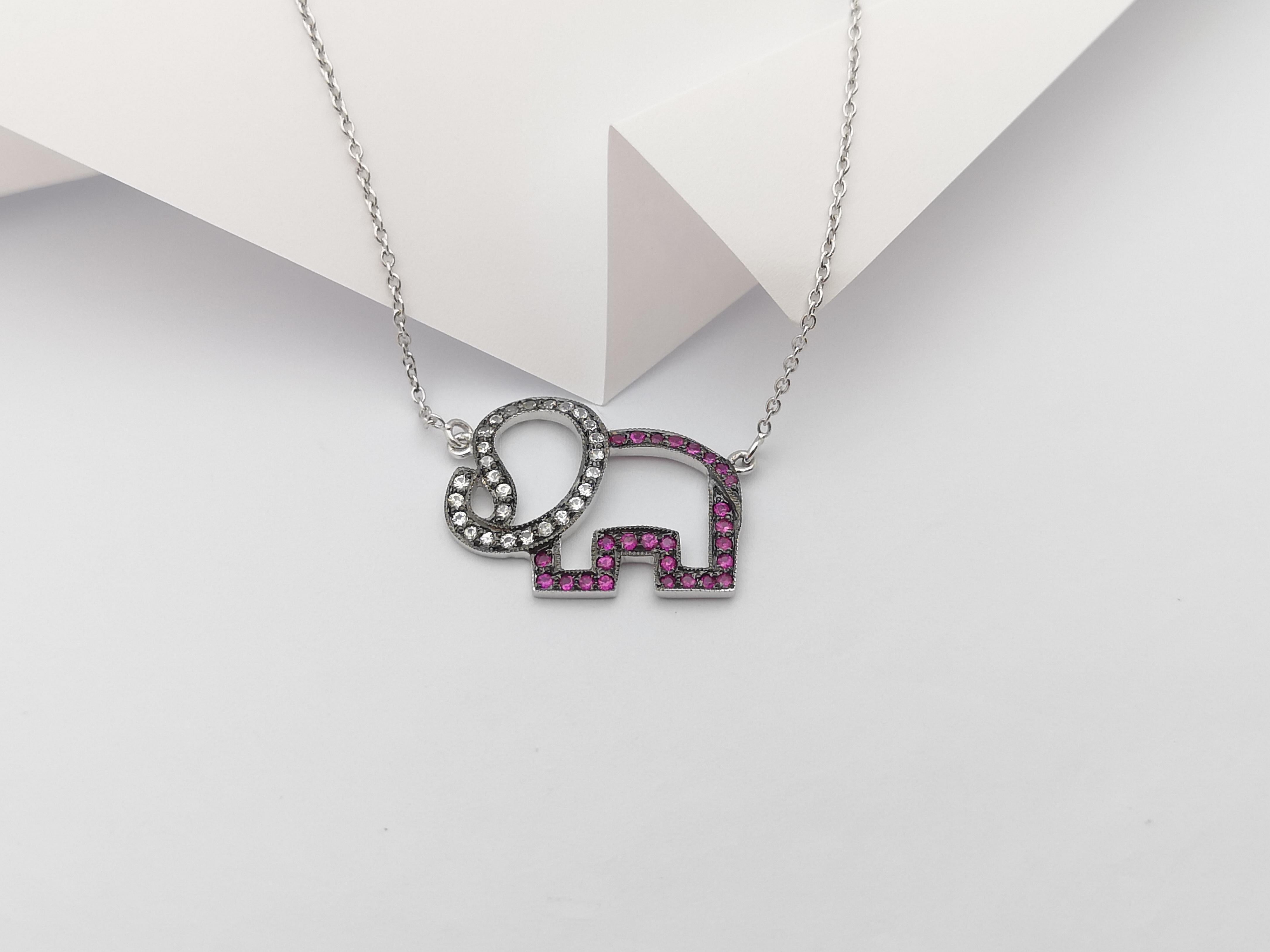 Pink Sapphire and White Sapphire Elephant Necklace set in Silver Settings In New Condition For Sale In Dusit, 10