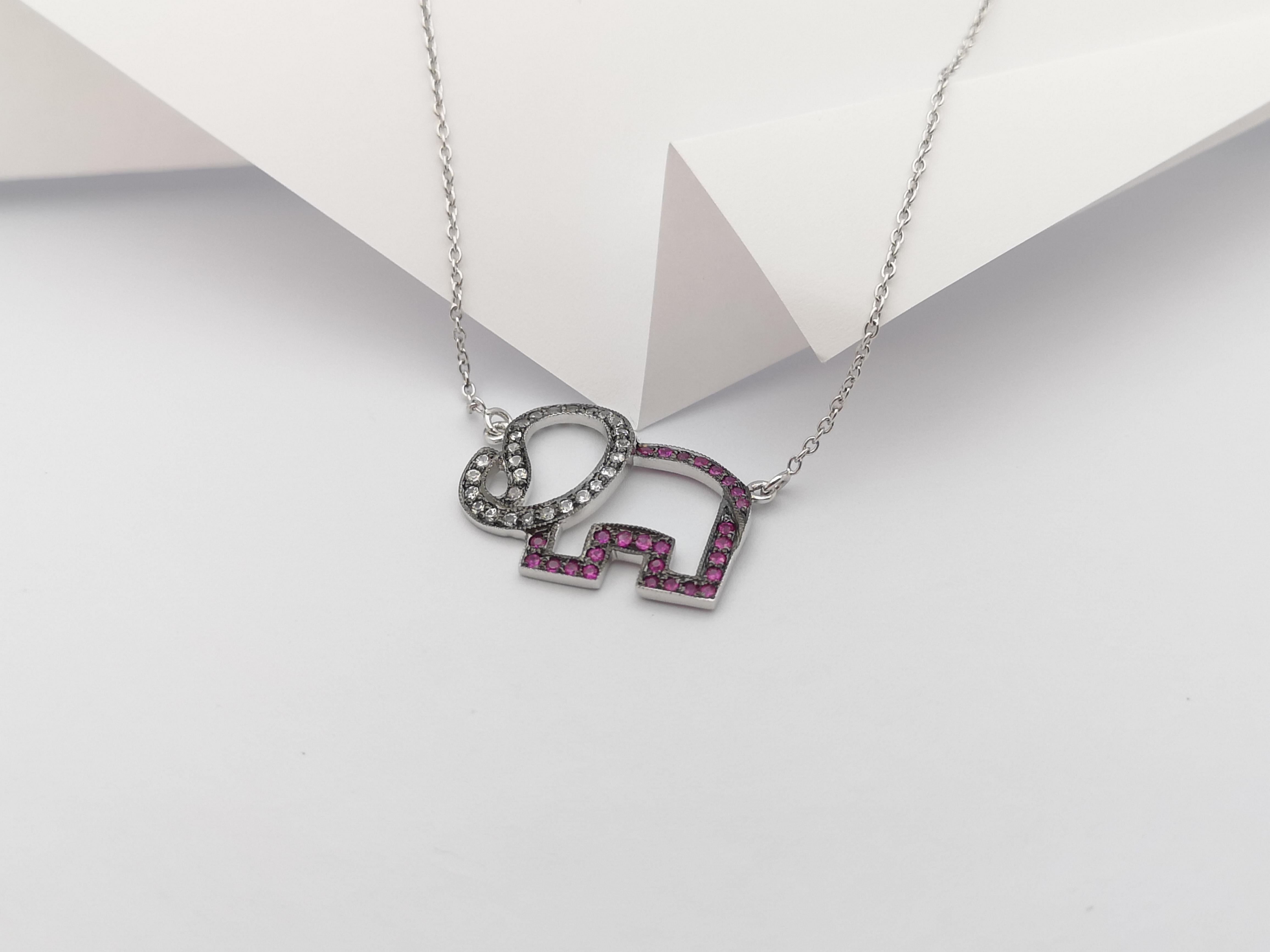 Women's or Men's Pink Sapphire and White Sapphire Elephant Necklace set in Silver Settings For Sale