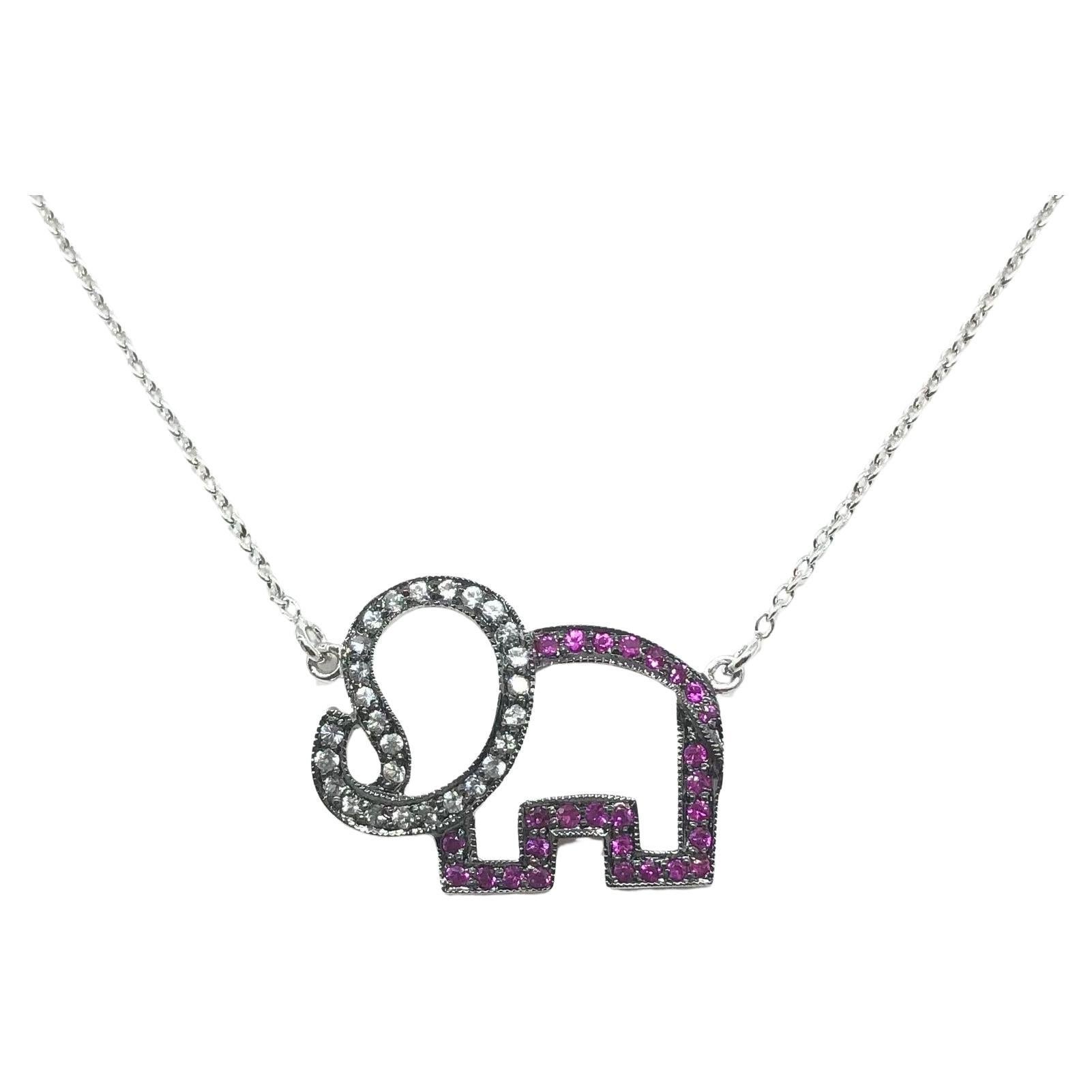 Pink Sapphire and White Sapphire Elephant Necklace set in Silver Settings For Sale