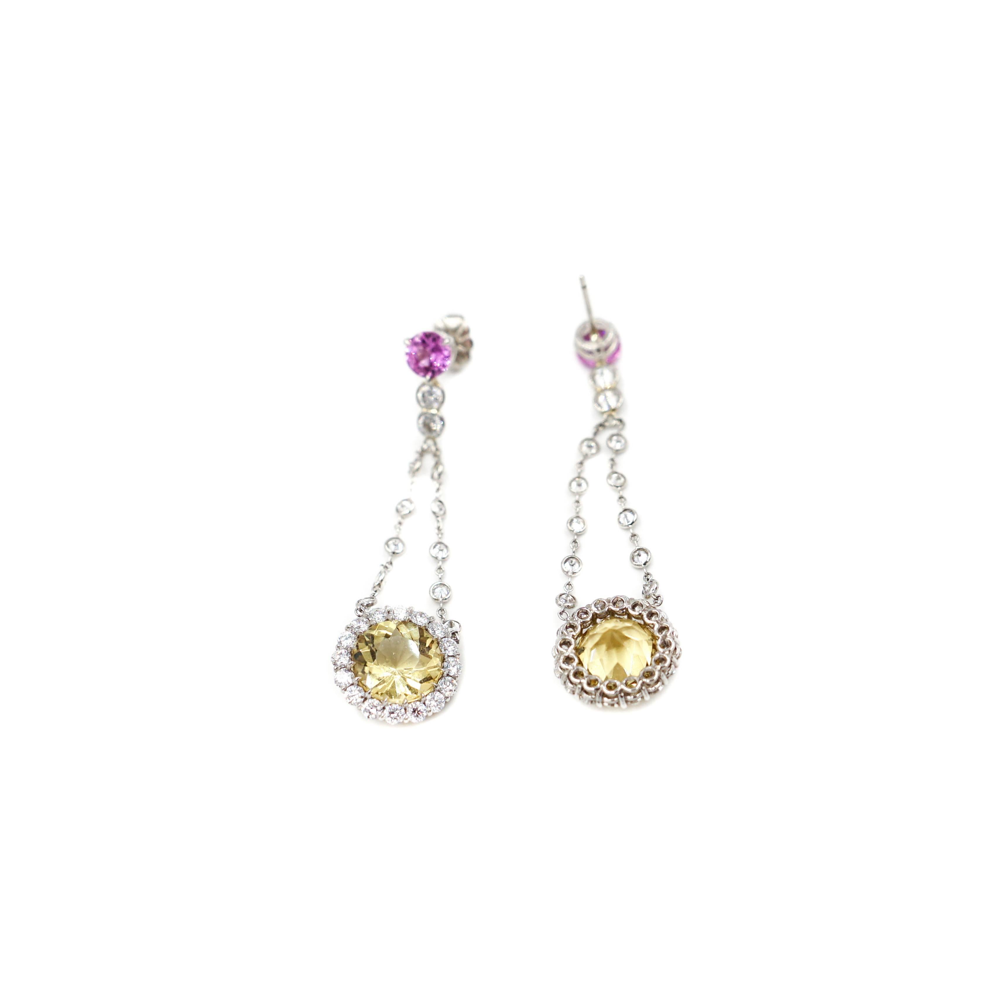 Artist Pink Sapphire and Yellow Beryl Drop Earrings
